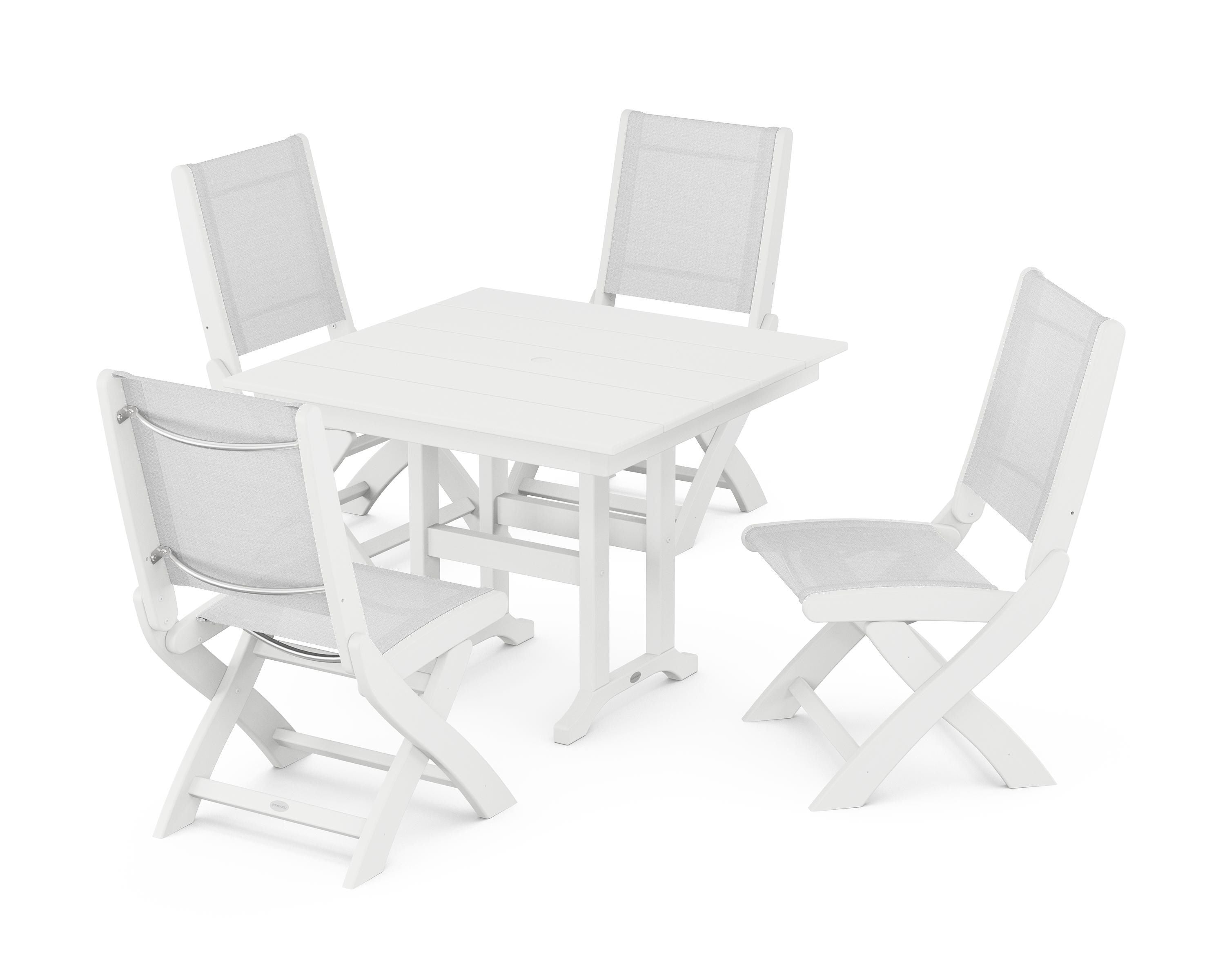 POLYWOOD® Coastal Folding Side Chair 5-Piece Farmhouse Dining Set in White / White Sling