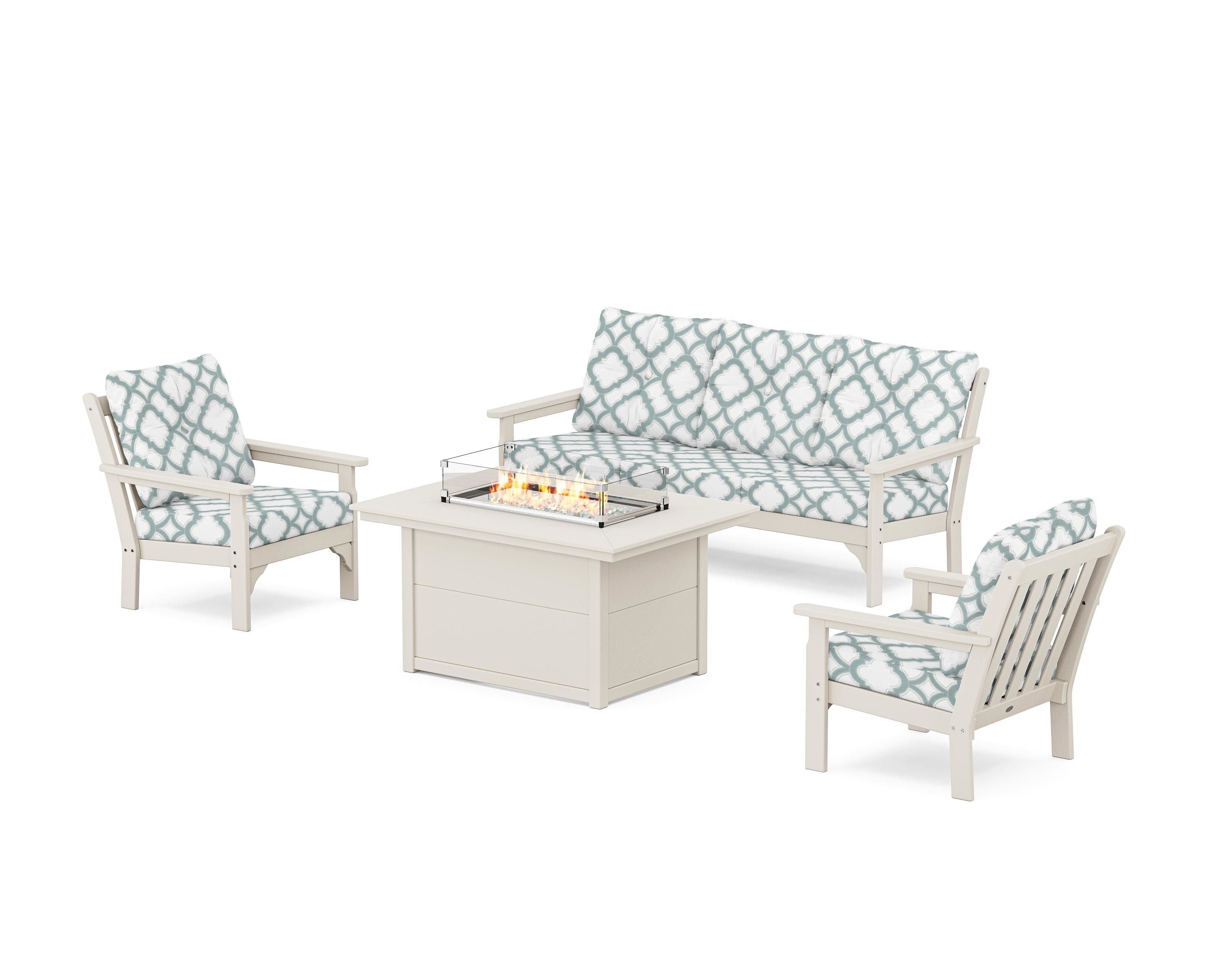 POLYWOOD® Vineyard Deep Seating Fire Pit Table Set in Sand / Trellis Glacier Spa