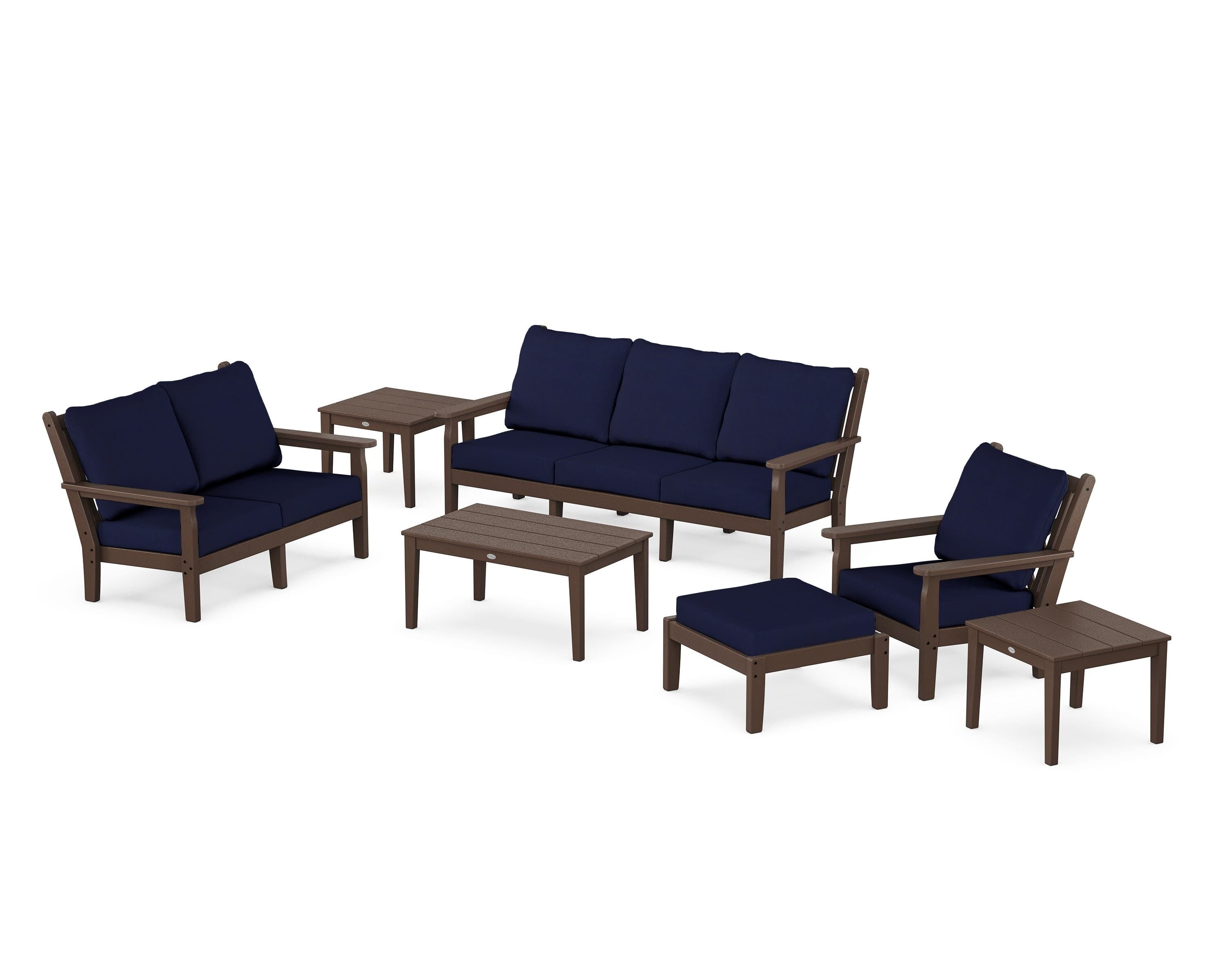 POLYWOOD® Chippendale 7-Piece Deep Seating Set in Mahogany / Navy