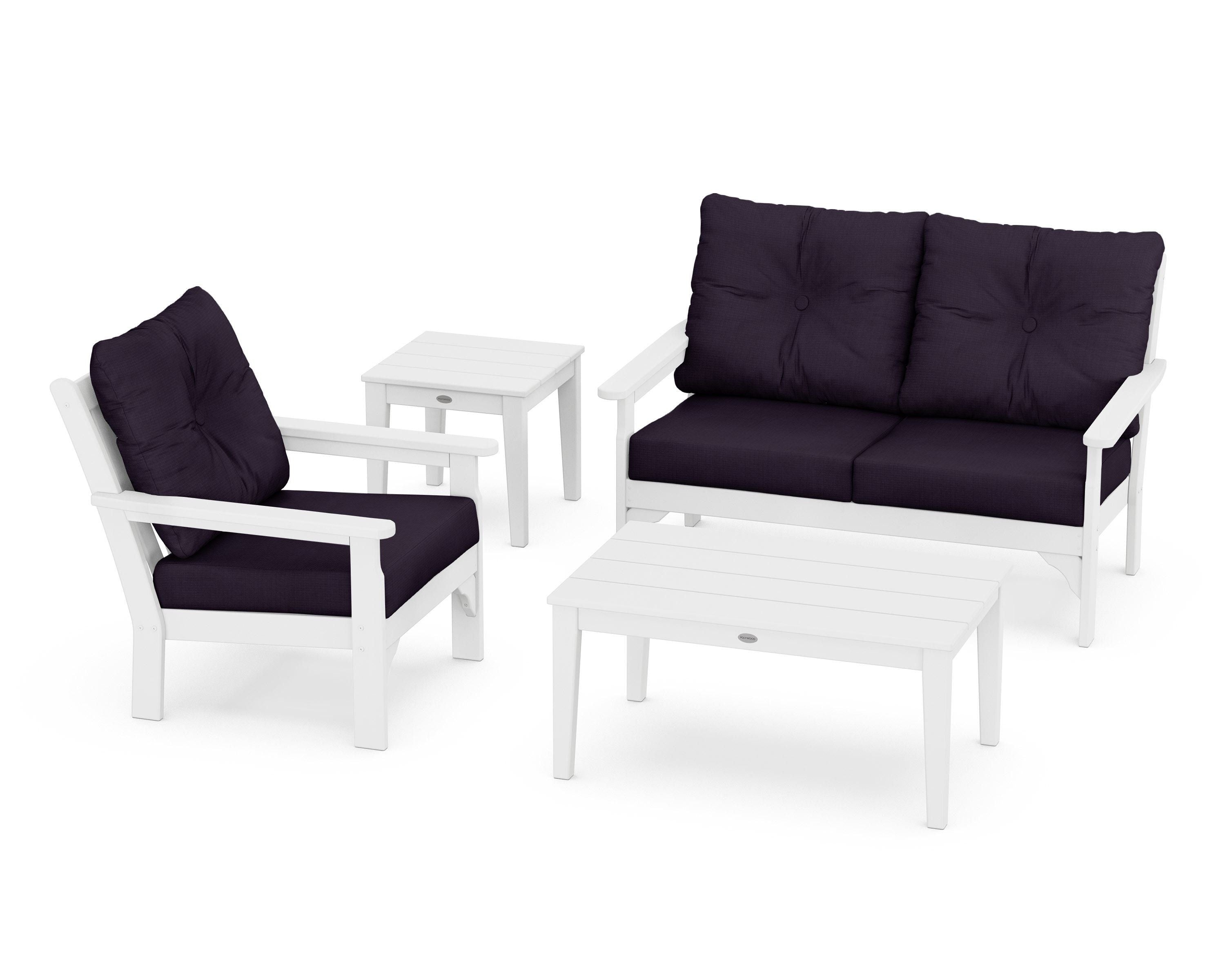 POLYWOOD® Vineyard 4-Piece Deep Seating Set in White / Navy Linen