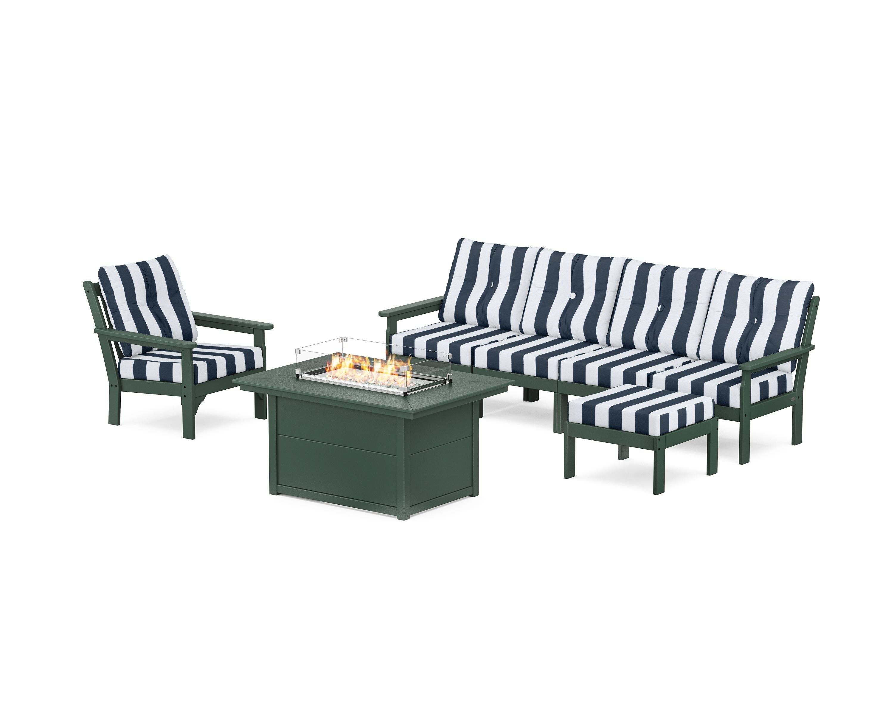POLYWOOD® Vineyard Sectional Lounge and Fire Pit Set in Green / Cabana Stripe Marine Indigo