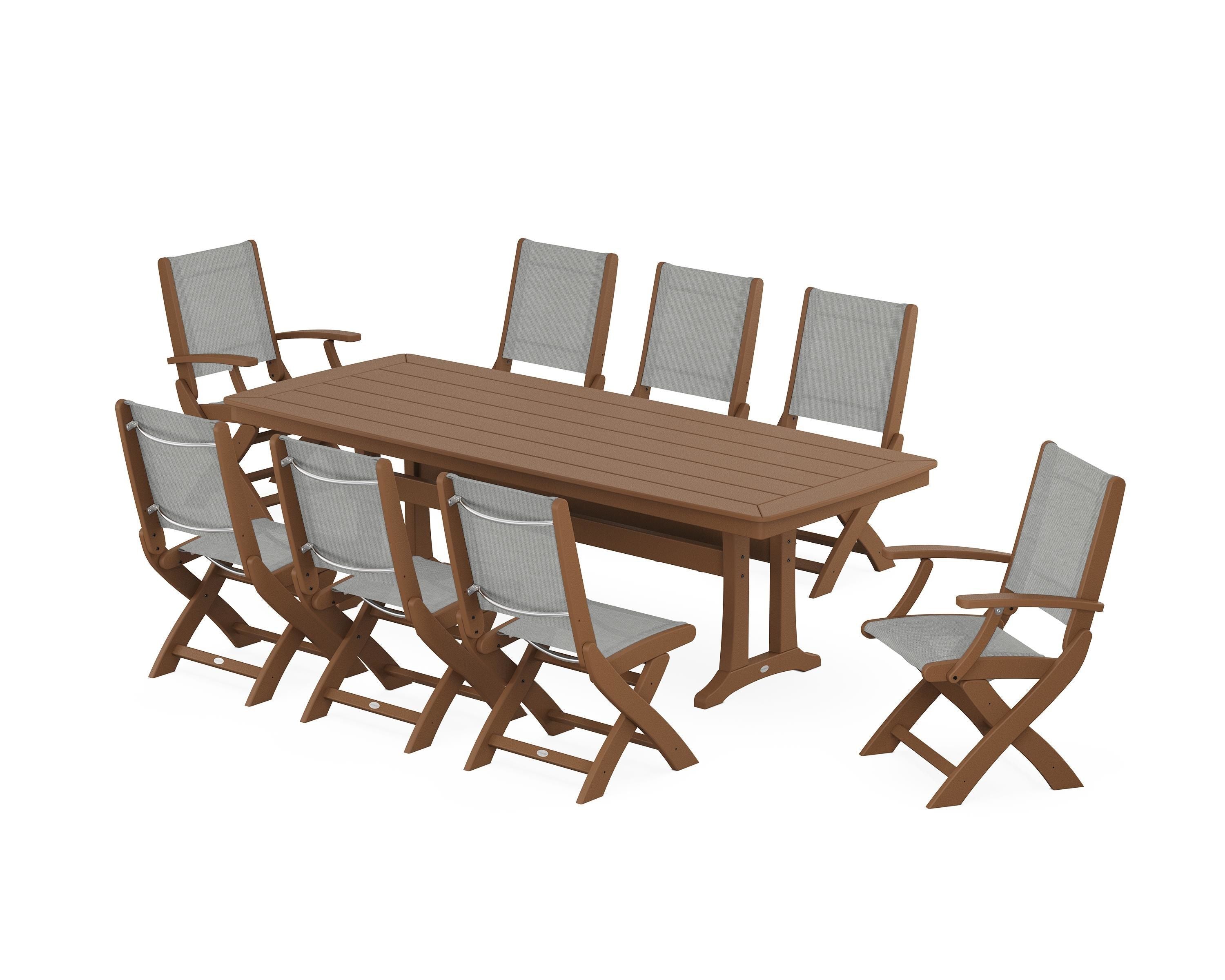 POLYWOOD® Coastal Folding 9-Piece Dining Set with Trestle Legs in Teak / Metallic Sling