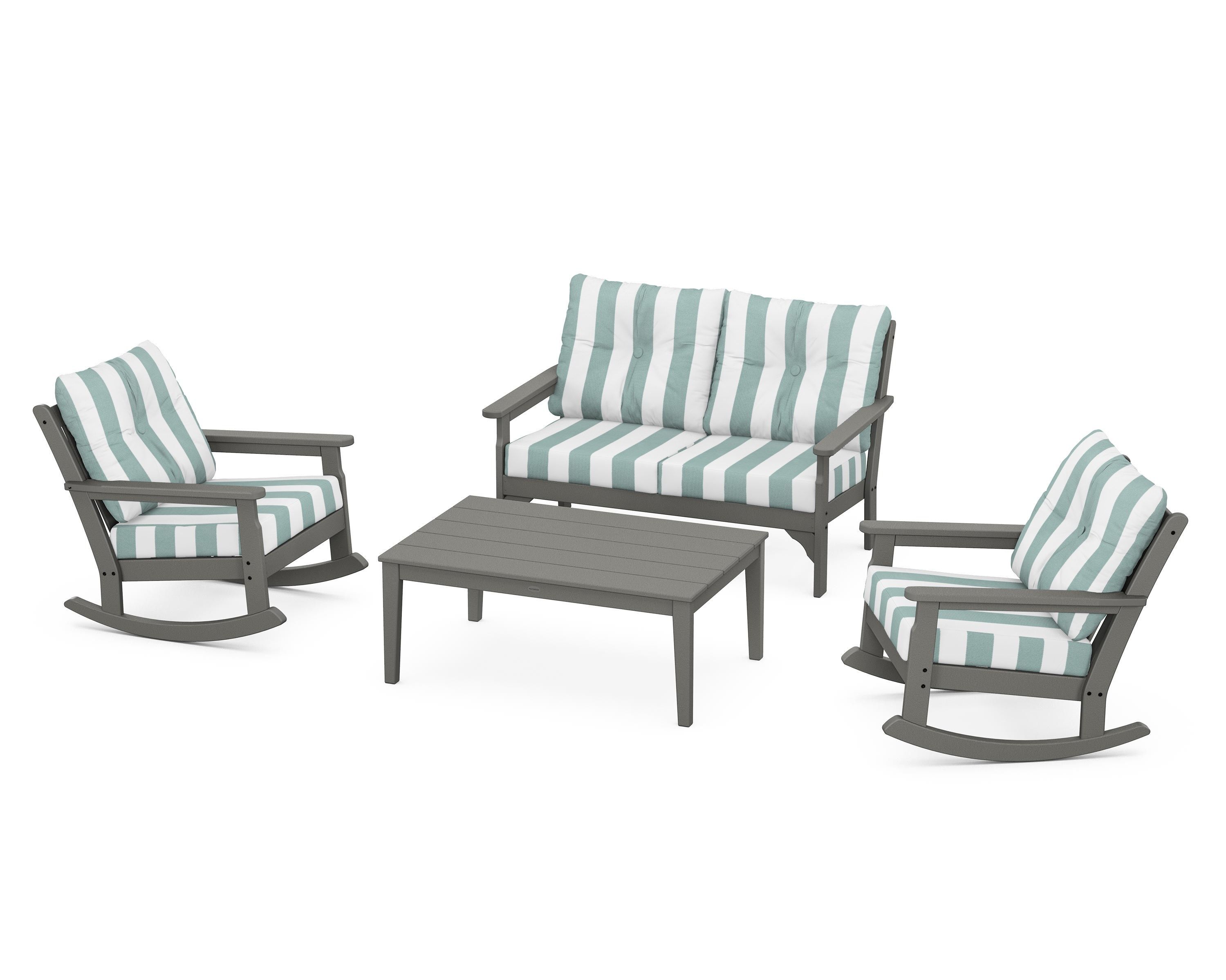 POLYWOOD® Vineyard 4-Piece Deep Seating Rocking Chair Set in Slate Grey / Cabana Stripe Glacier Spa