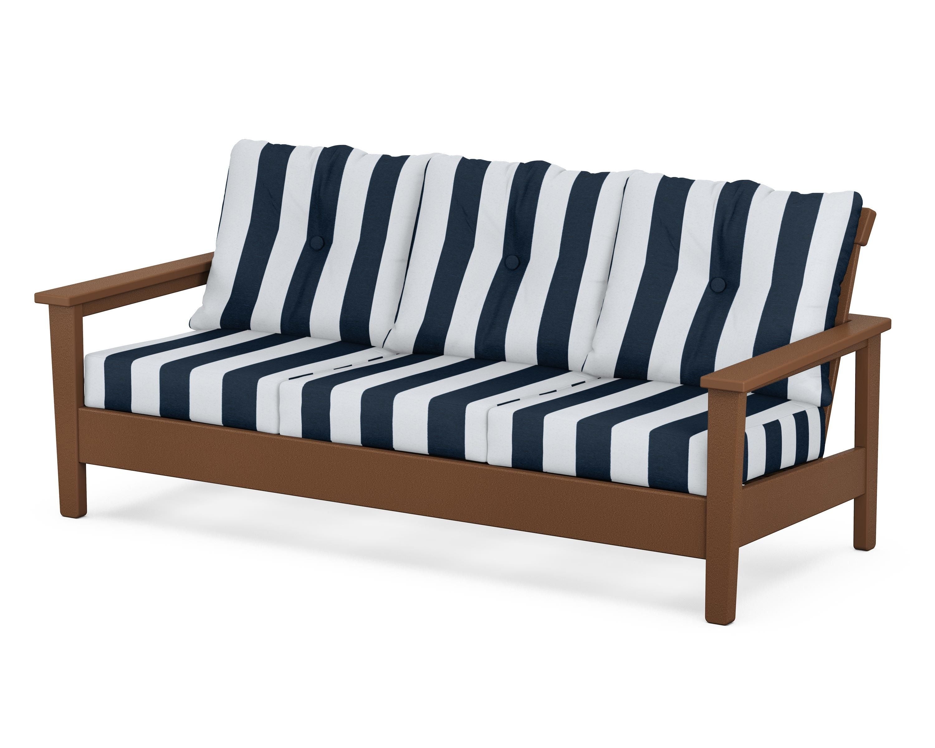 POLYWOOD® Prescott Deep Seating Sofa in Teak / Cabana Stripe Marine Indigo