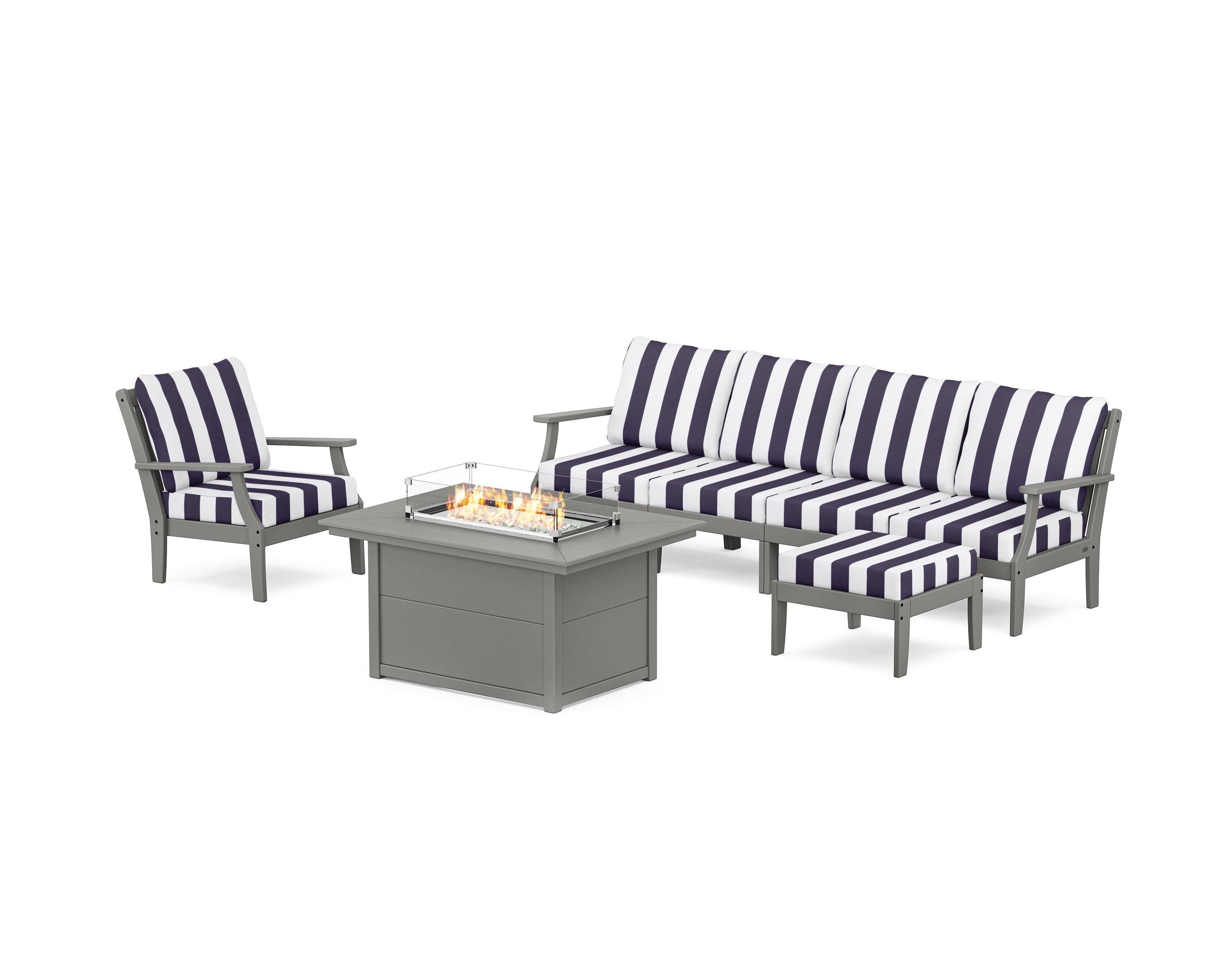 POLYWOOD® Braxton Sectional Lounge and Fire Pit Set in Slate Grey / Cabana Stripe Navy