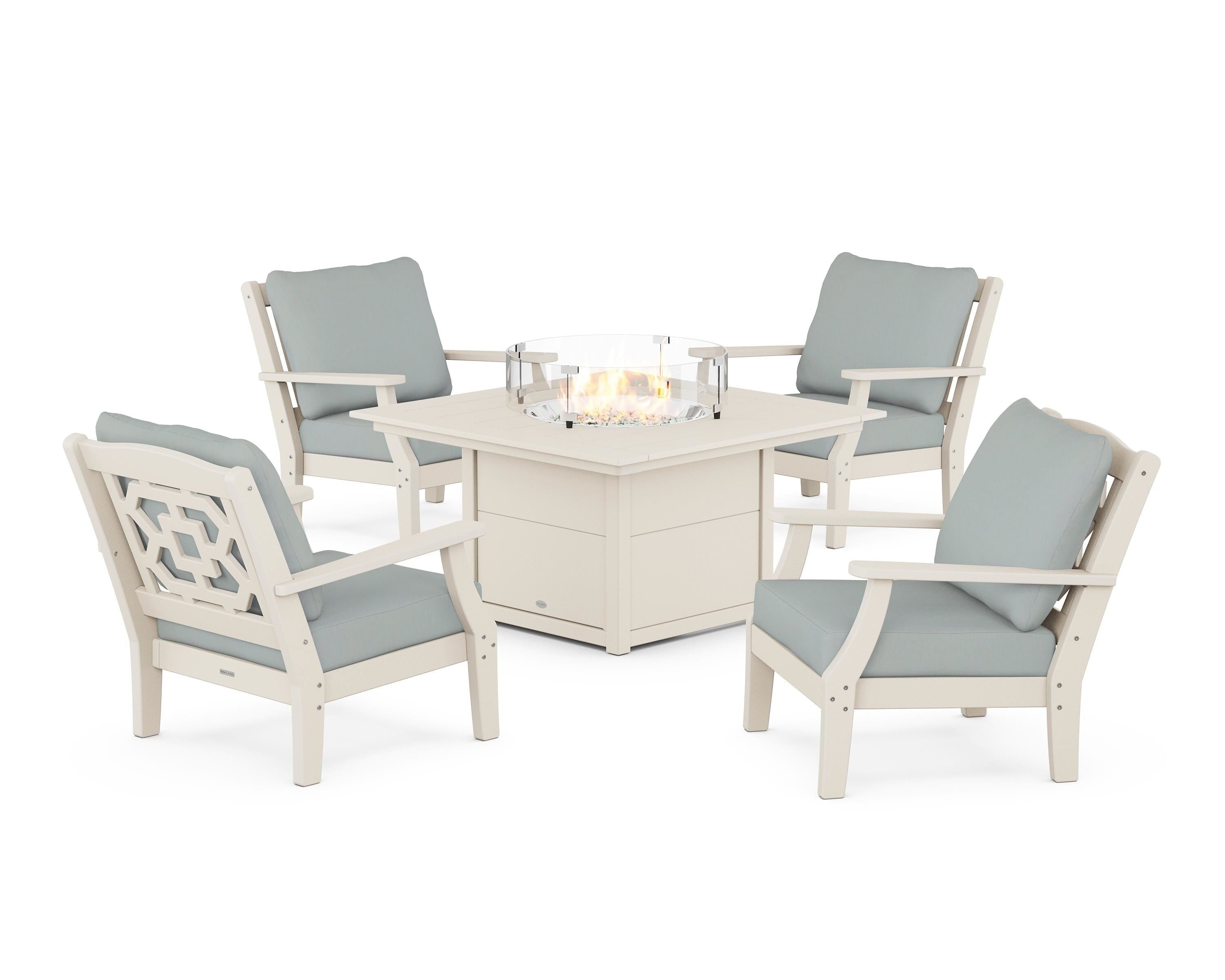 Martha Stewart by POLYWOOD® Chinoiserie 5-Piece Deep Seating Set with Fire Pit Table in Sand / Spa