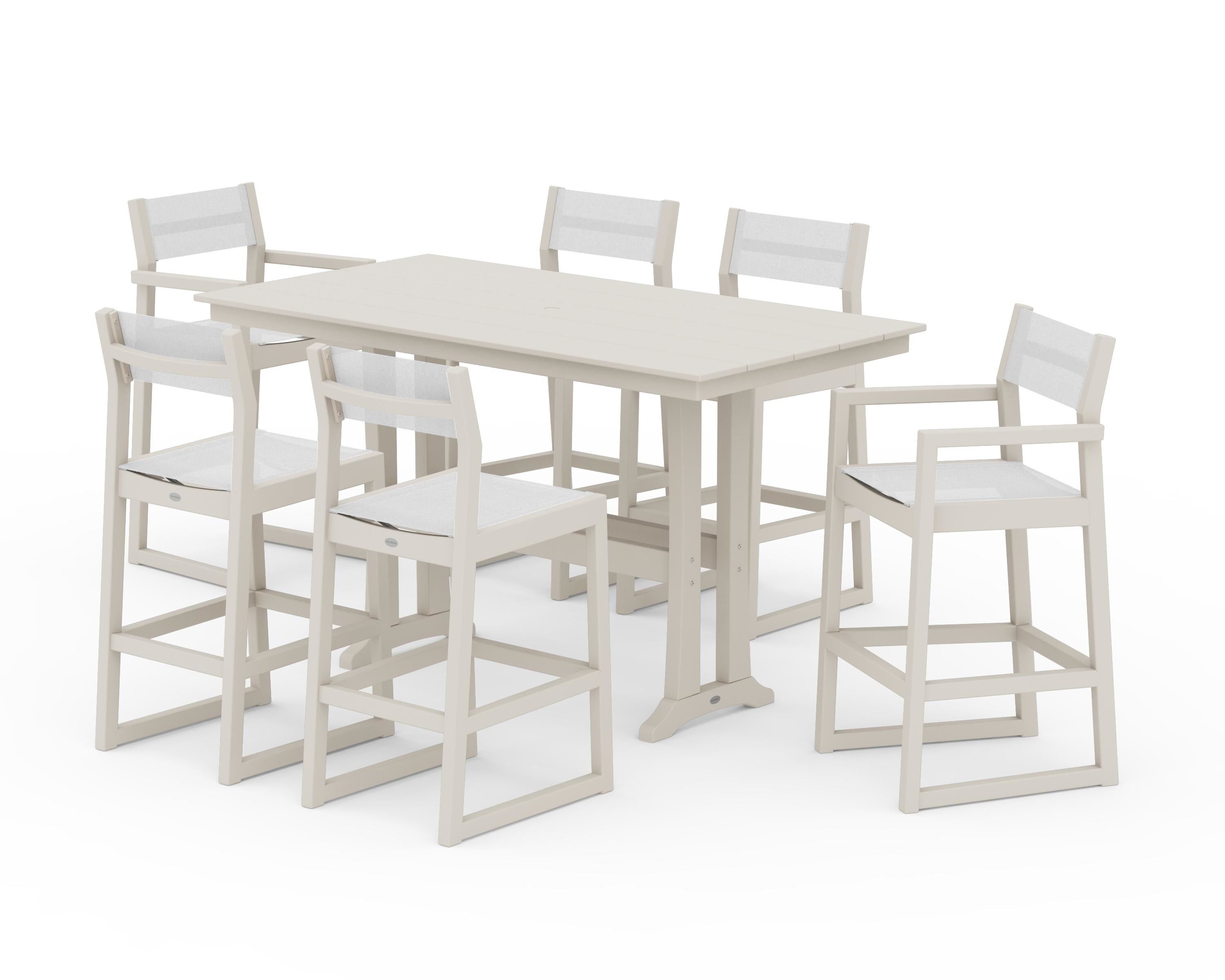 POLYWOOD® EDGE Sling 7-Piece Farmhouse Bar Set with Trestle Legs in Sand / White Sling