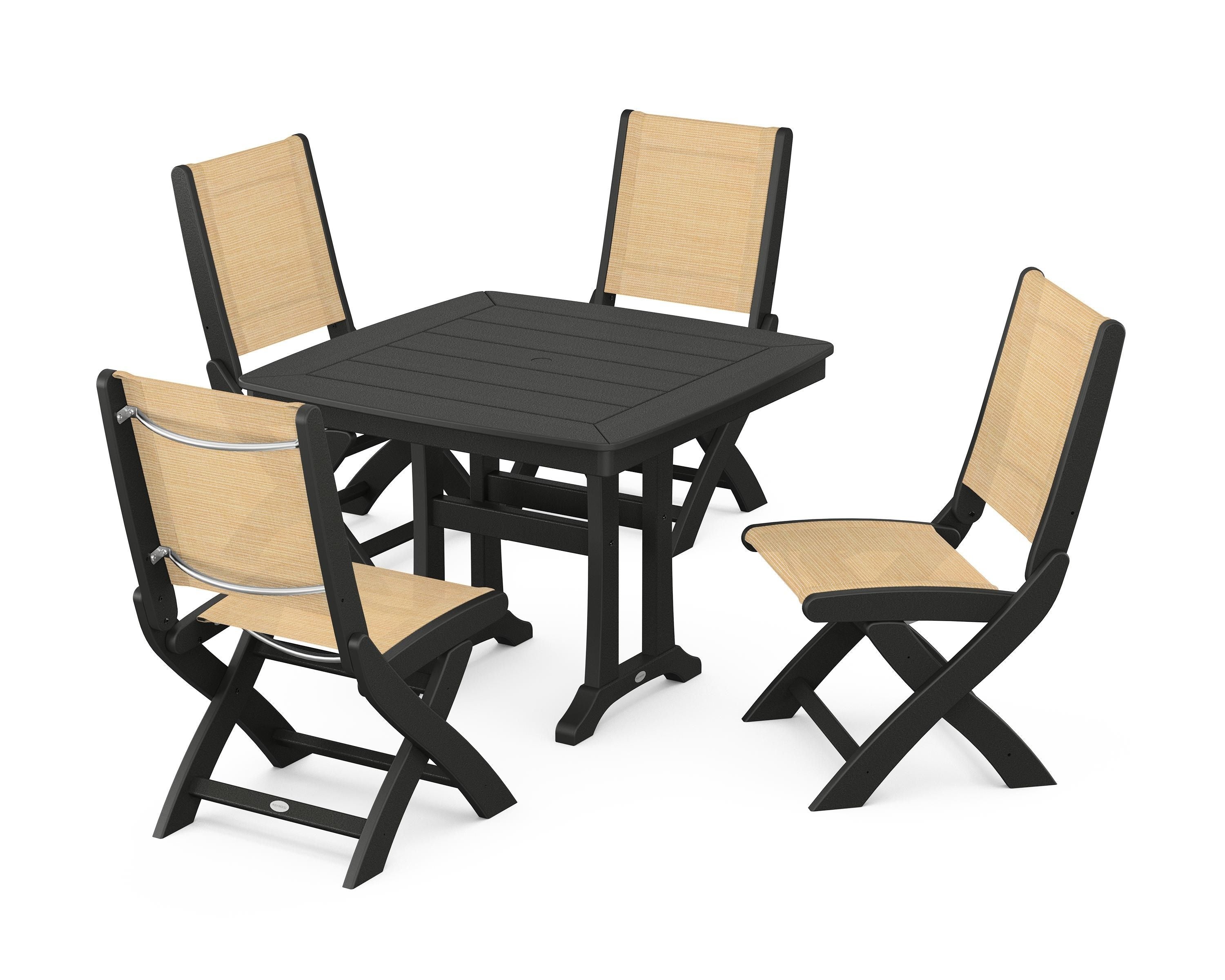 POLYWOOD® Coastal Folding Side Chair 5-Piece Dining Set with Trestle Legs in Black / Dupioni Apricot Sling