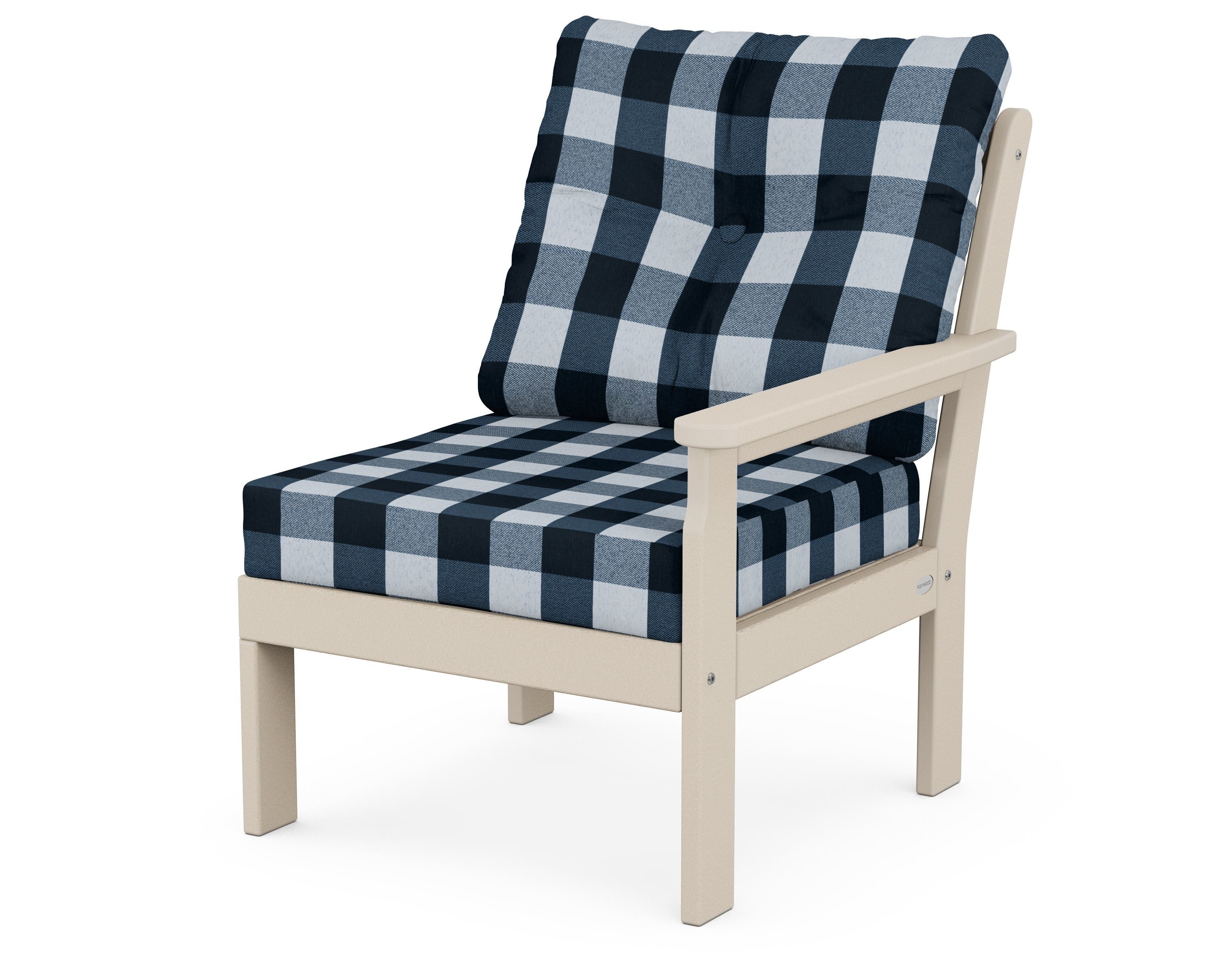 POLYWOOD® Vineyard Modular Right Arm Chair in Sand / Buffalo Plaid Marine Indigo