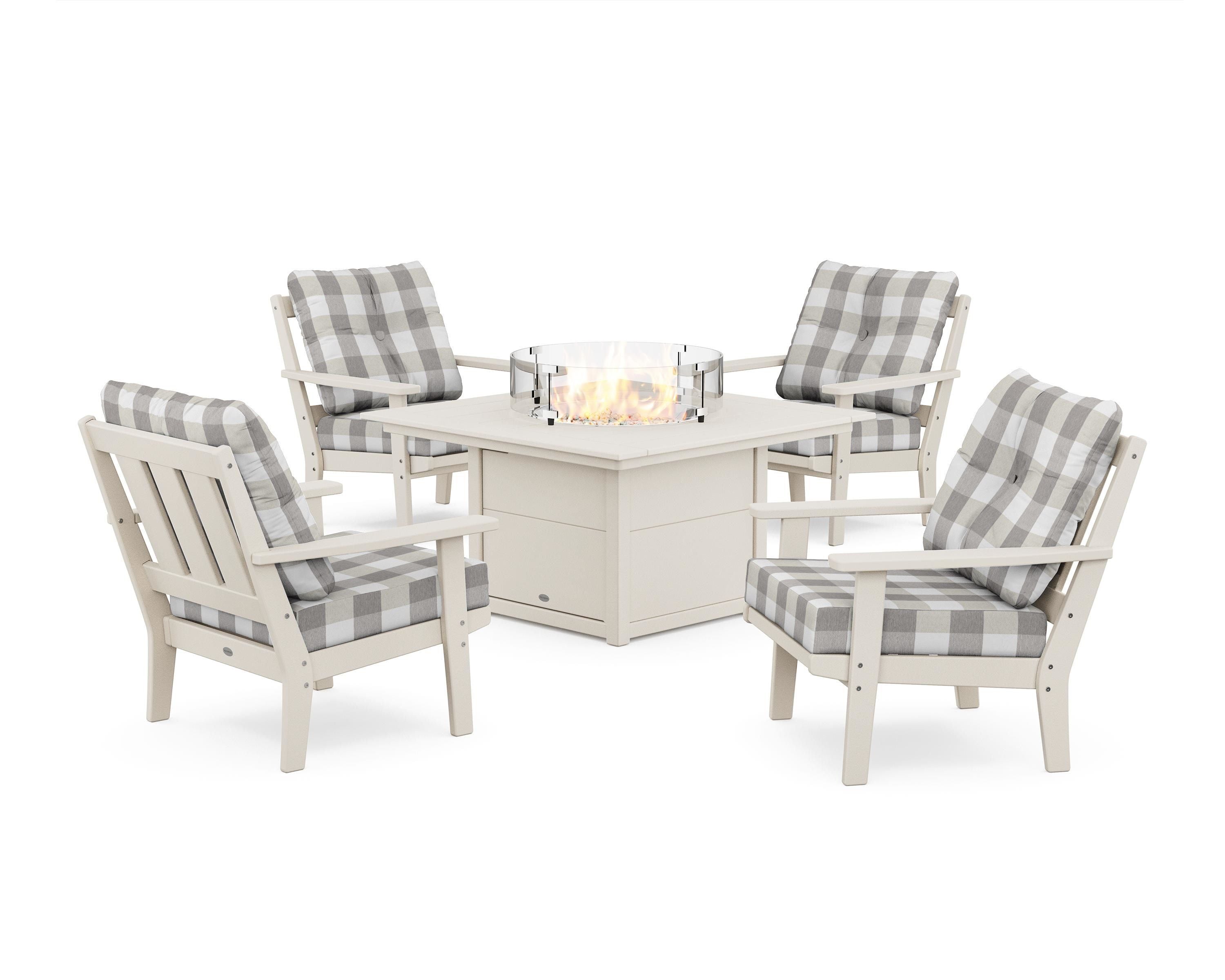POLYWOOD® Oxford 5-Piece Deep Seating Set with Fire Pit Table in Sand / Buffalo Plaid Grey Mist