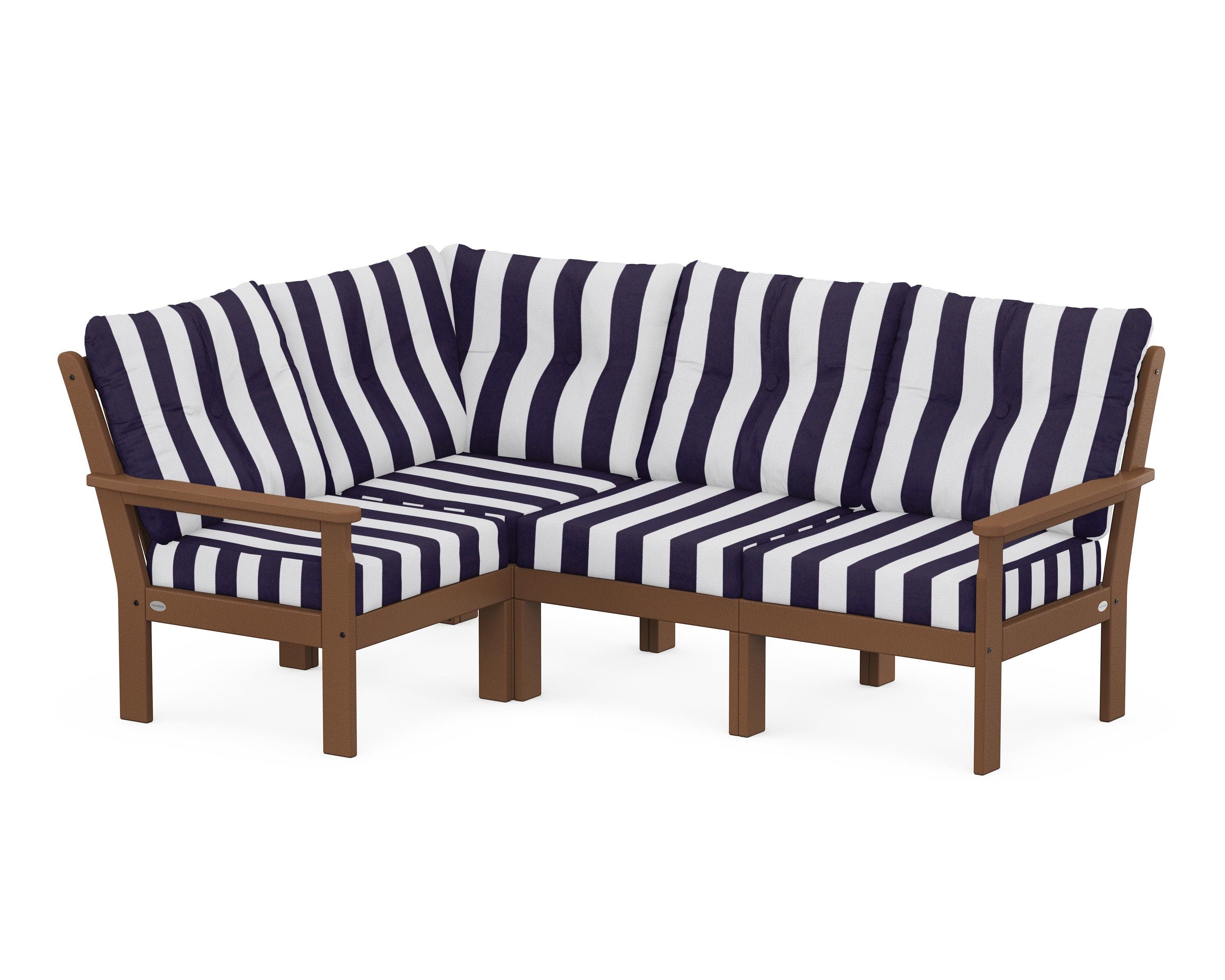POLYWOOD® Vineyard 4-Piece Sectional in Teak / Cabana Stripe Navy