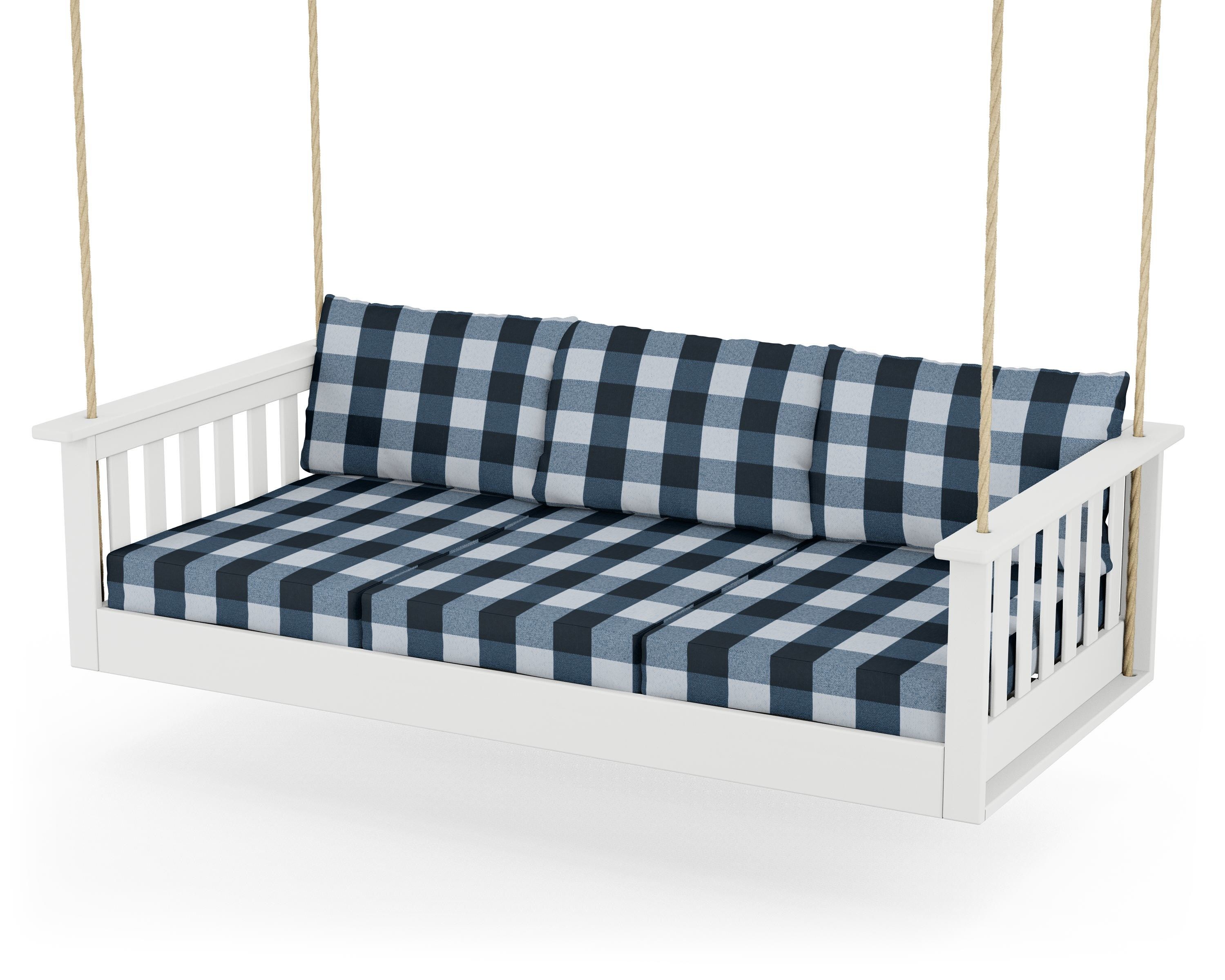 POLYWOOD® Vineyard Daybed Swing in White / Buffalo Plaid Marine Indigo