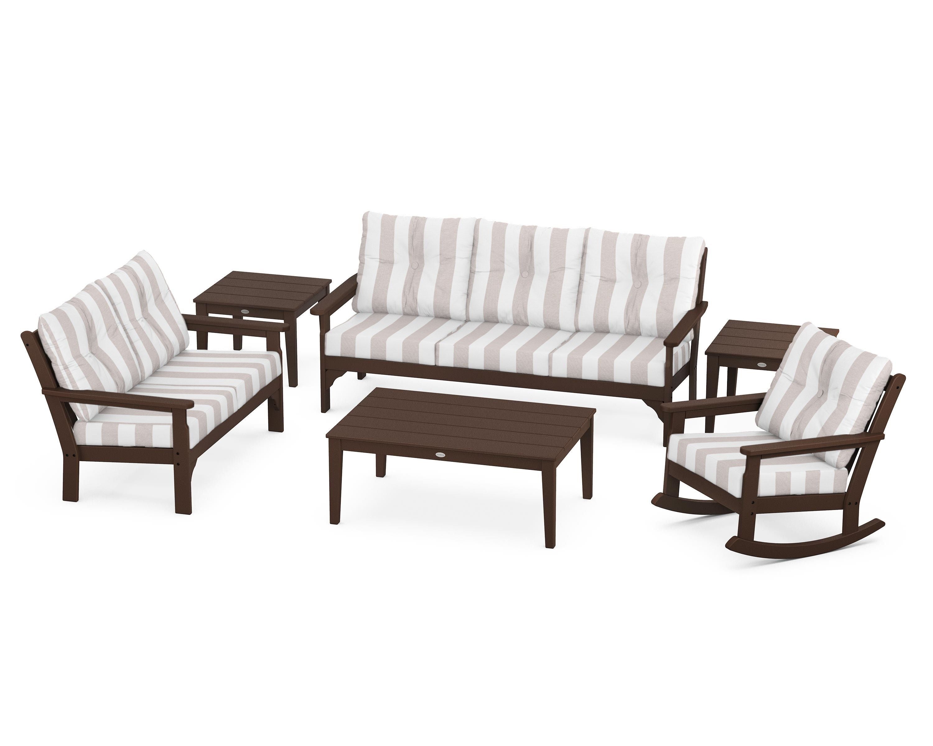 POLYWOOD® Vineyard 6-Piece Deep Seating Set in Mahogany / Cabana Stripe Dune Burlap