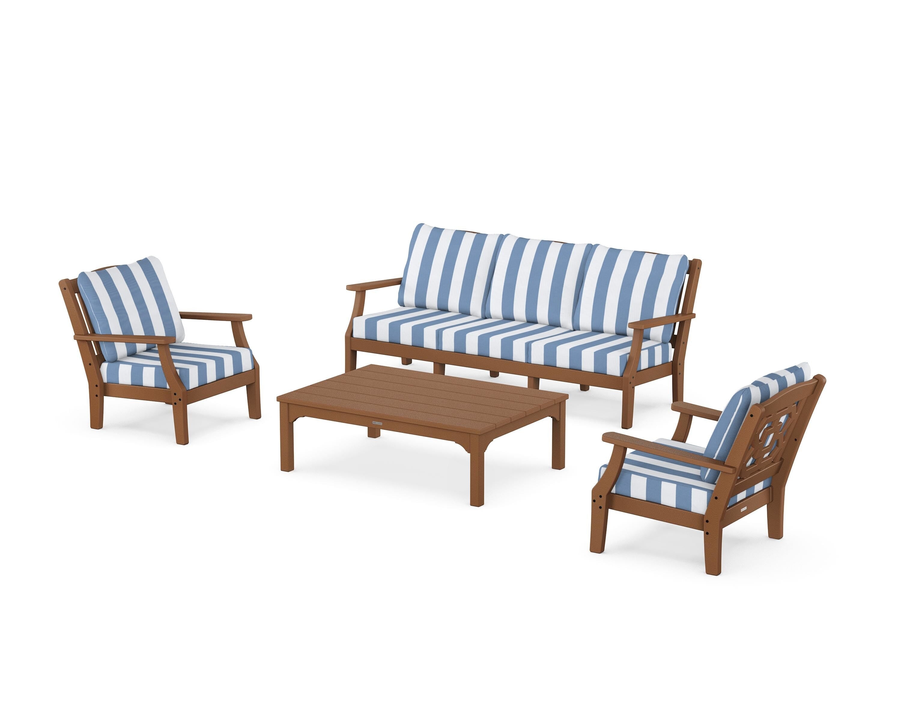 Martha Stewart by POLYWOOD® Chinoiserie 4-Piece Deep Seating Set with Sofa in Teak / Cabana Stripe Sky Blue