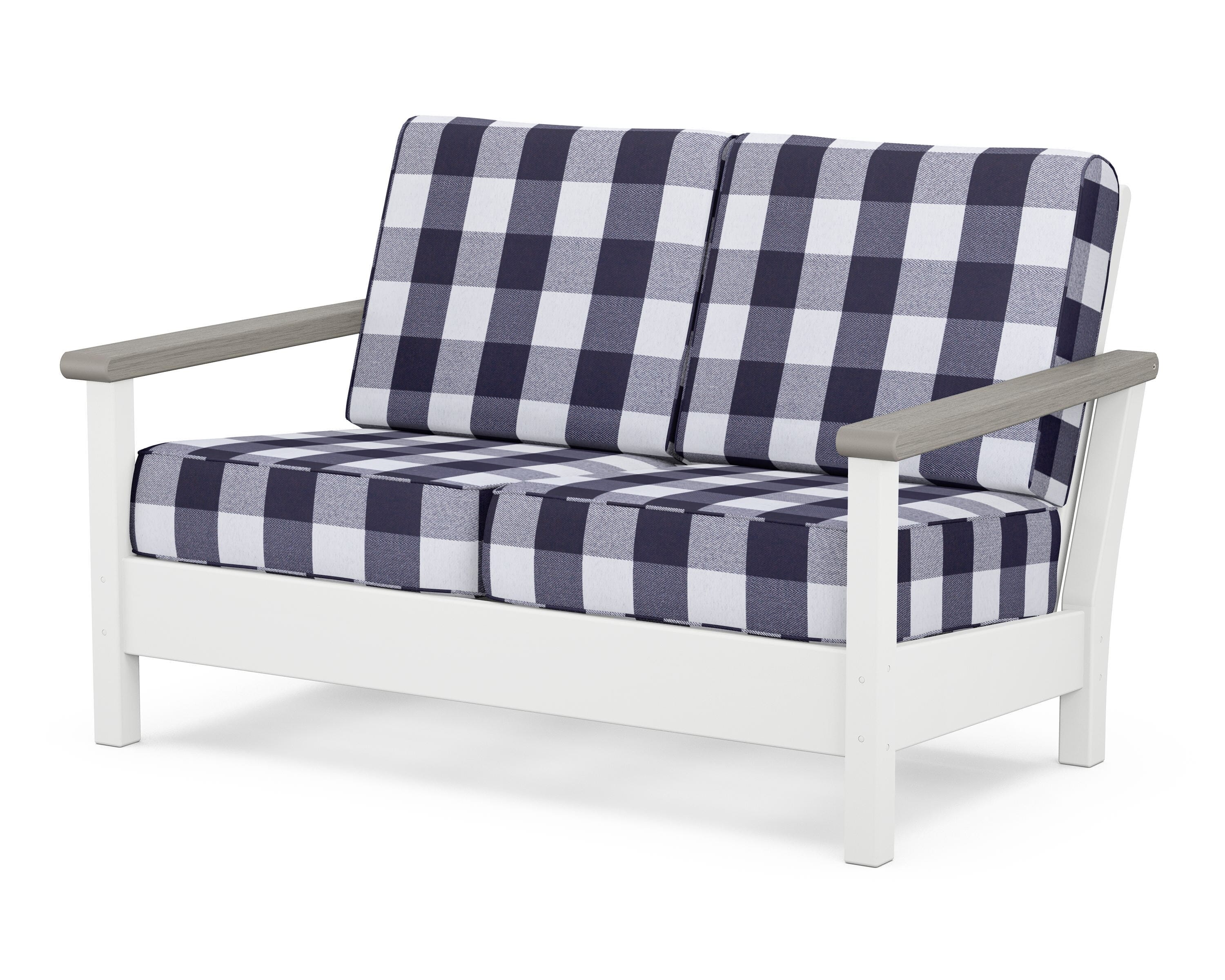 POLYWOOD® Harbour Deep Seating Loveseat in White / Driftwood / Buffalo Plaid Navy