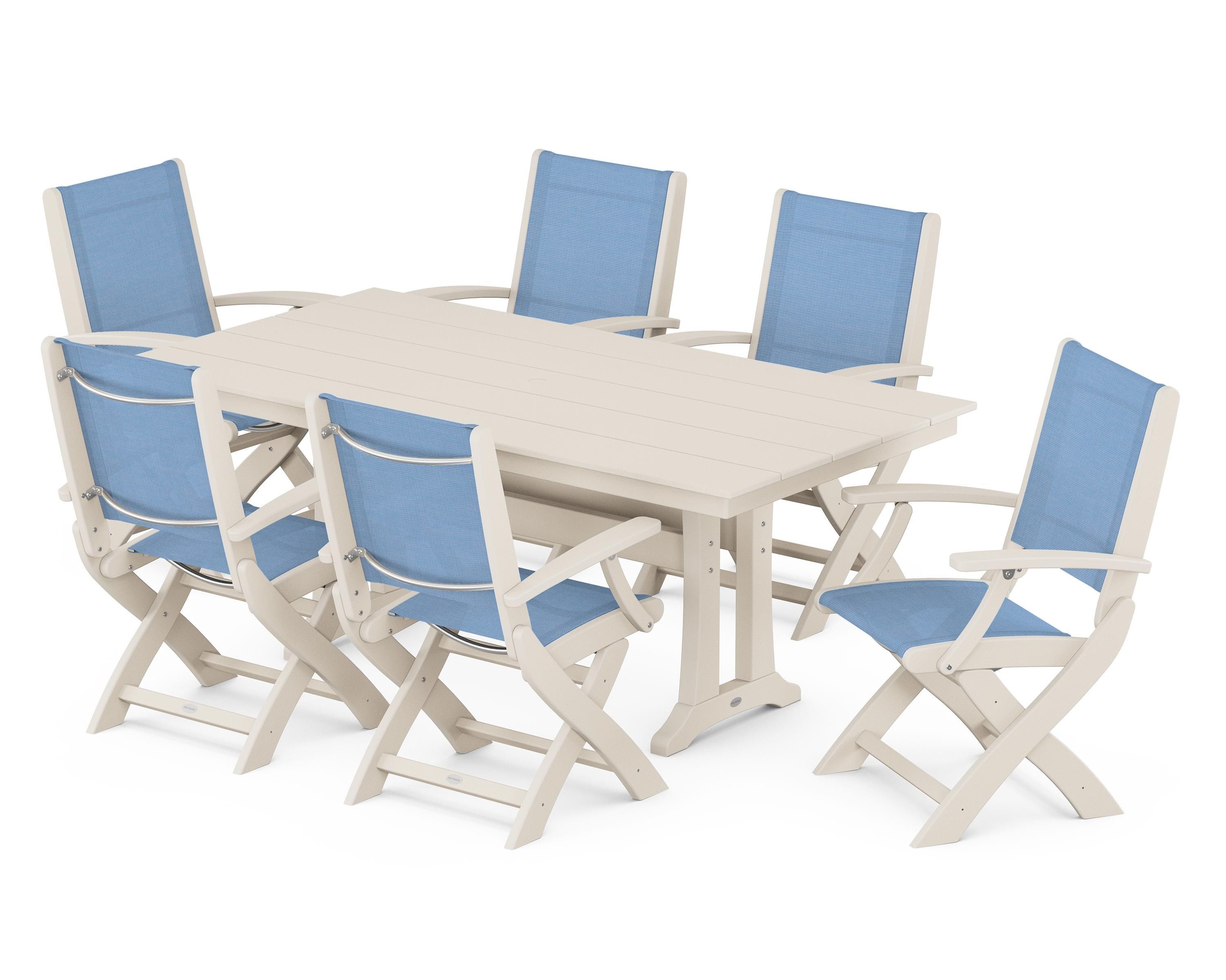 POLYWOOD® Coastal Folding Arm Chair 7-Piece Farmhouse Dining Set with Trestle Legs in Sand / Poolside Sling