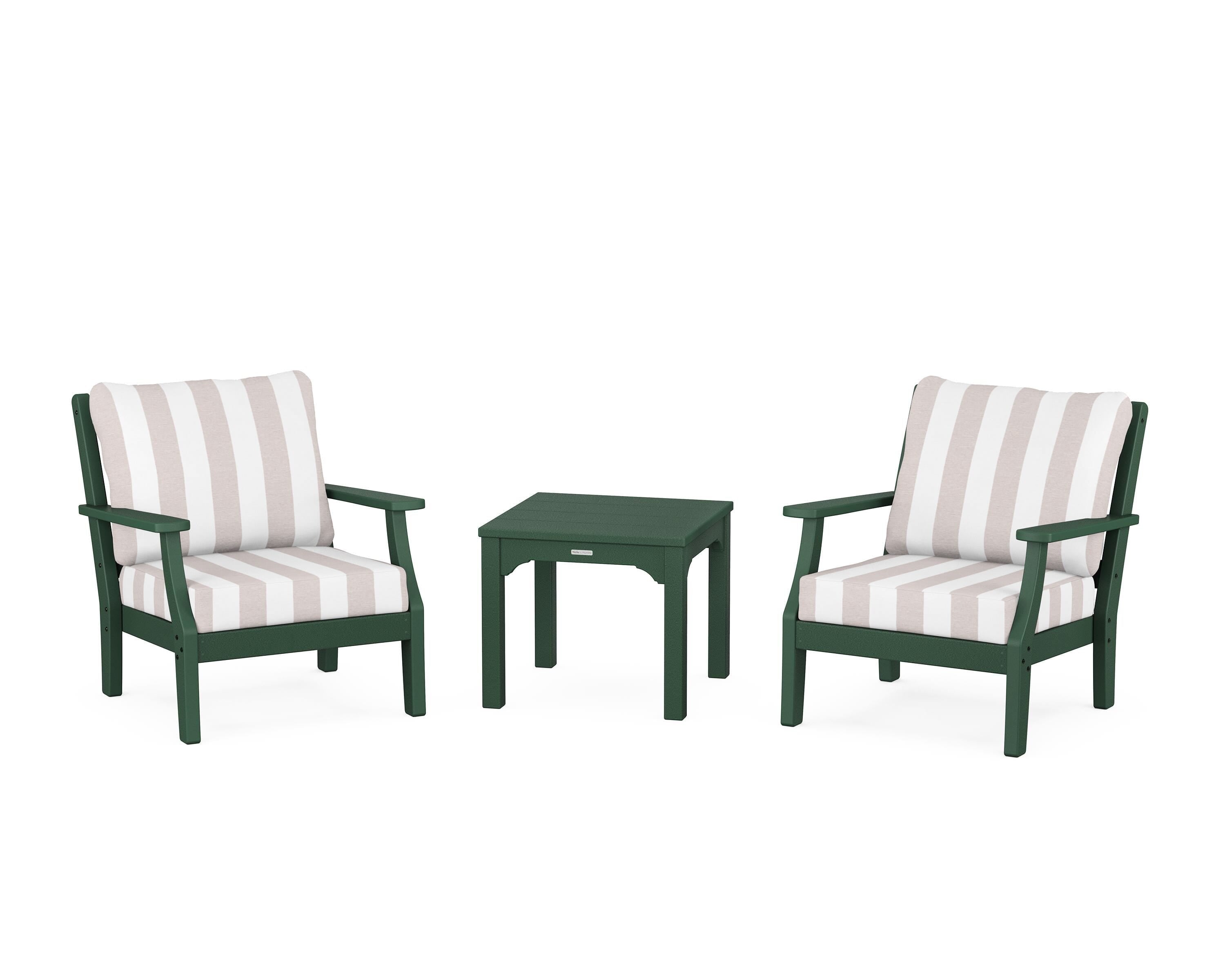 Martha Stewart by POLYWOOD® Chinoiserie 3-Piece Deep Seating Set in Green / Cabana Stripe Dune Burlap