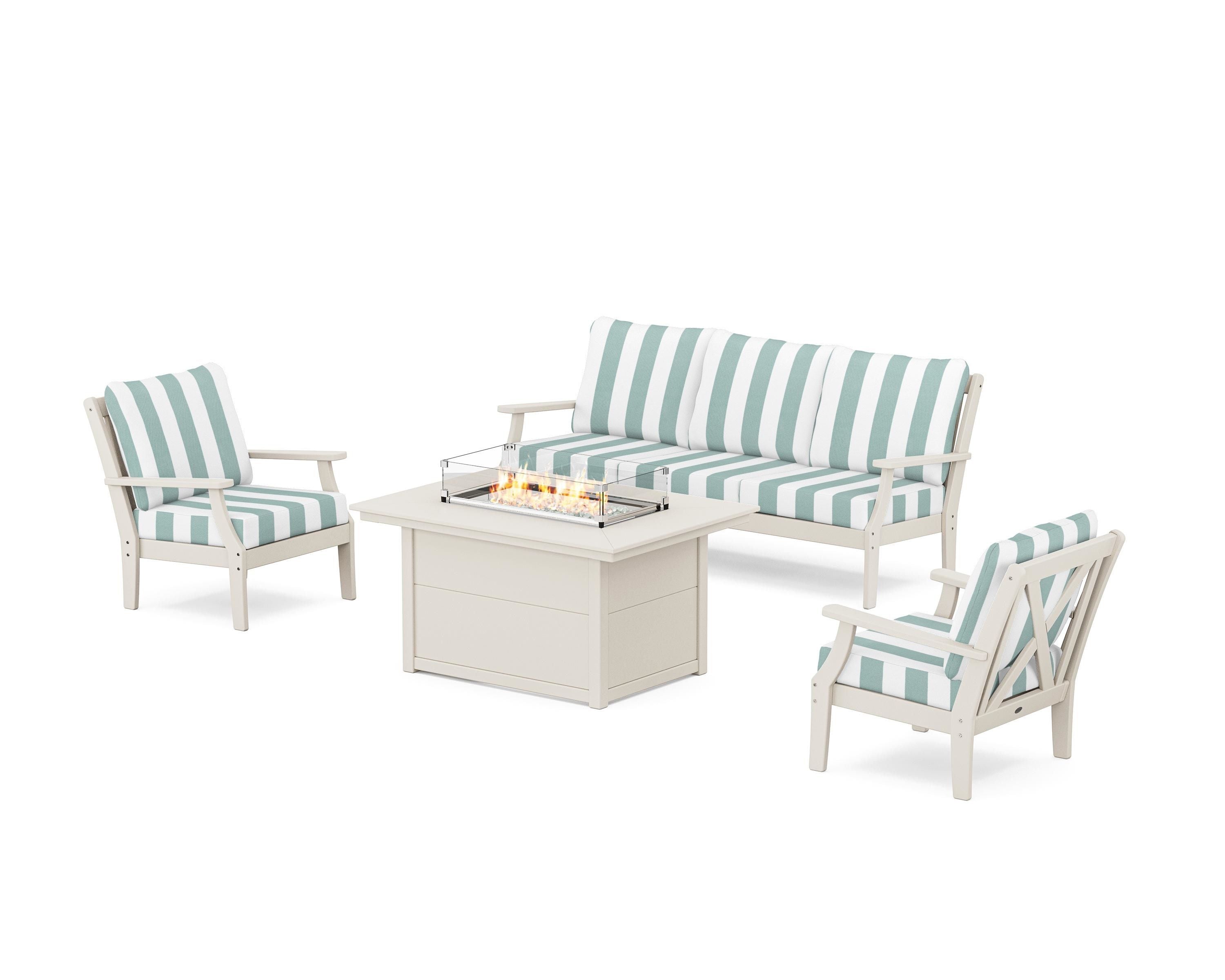 POLYWOOD® Braxton Deep Seating Fire Pit Table Set in Sand / Cabana Stripe Glacier Spa
