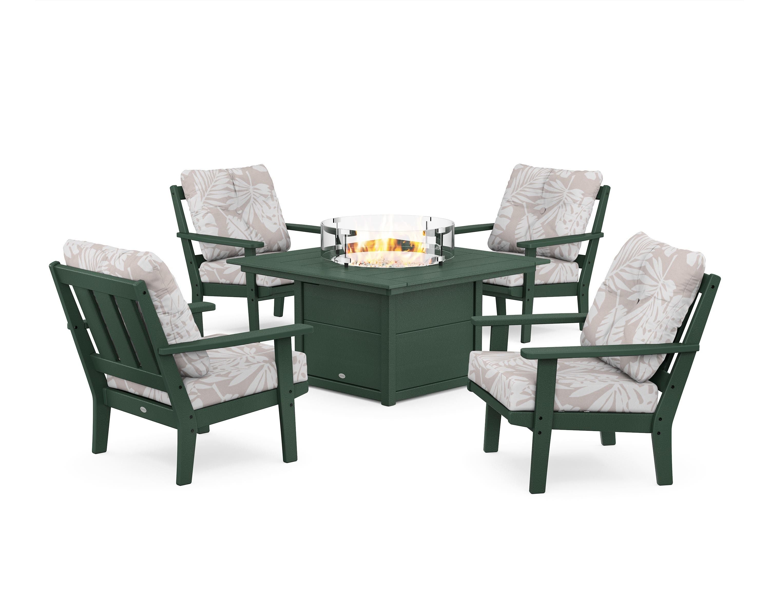 POLYWOOD® Oxford 5-Piece Deep Seating Set with Fire Pit Table in Green / Leaf Dune Burlap