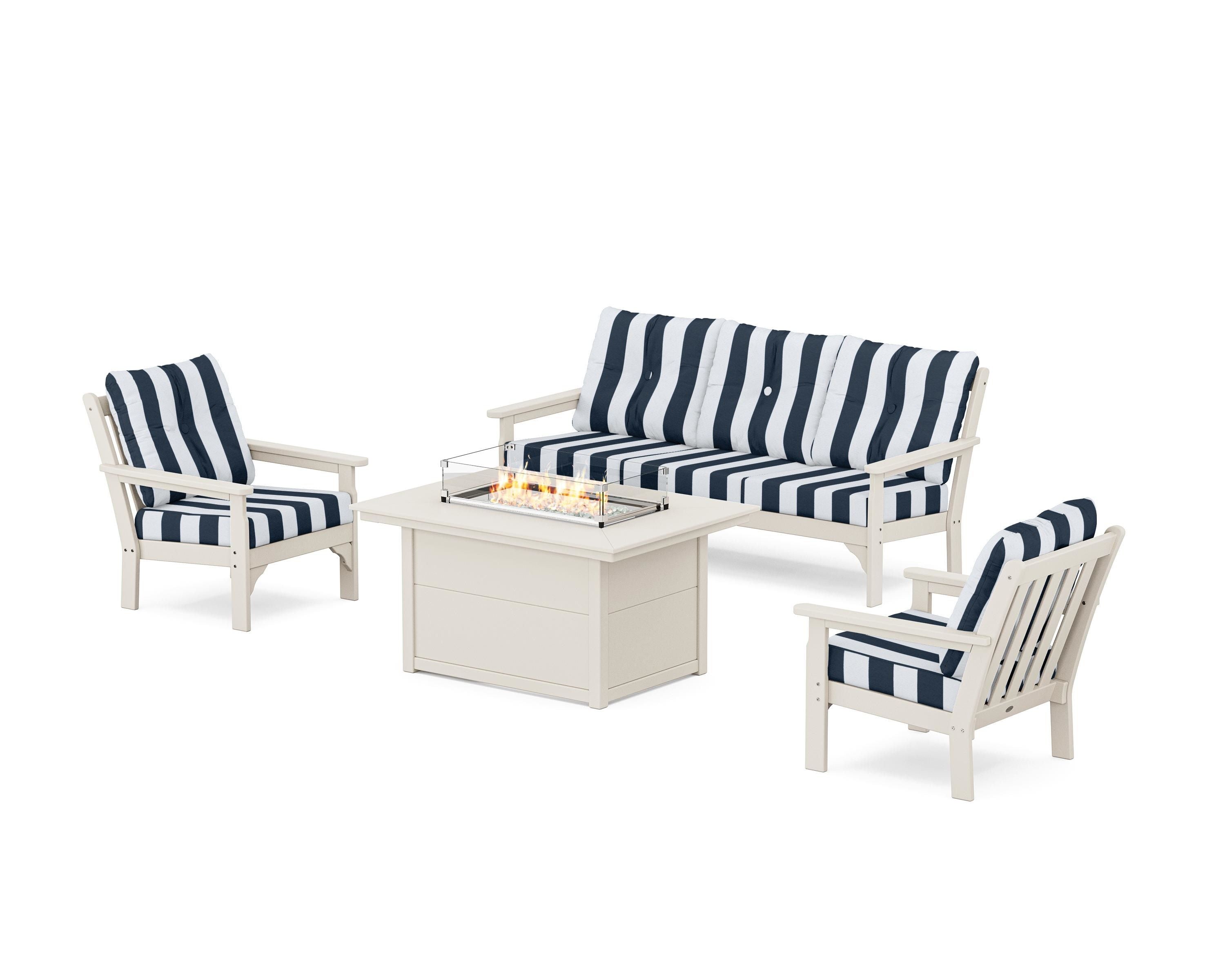 POLYWOOD® Vineyard Deep Seating Fire Pit Table Set in Sand / Cabana Stripe Marine Indigo