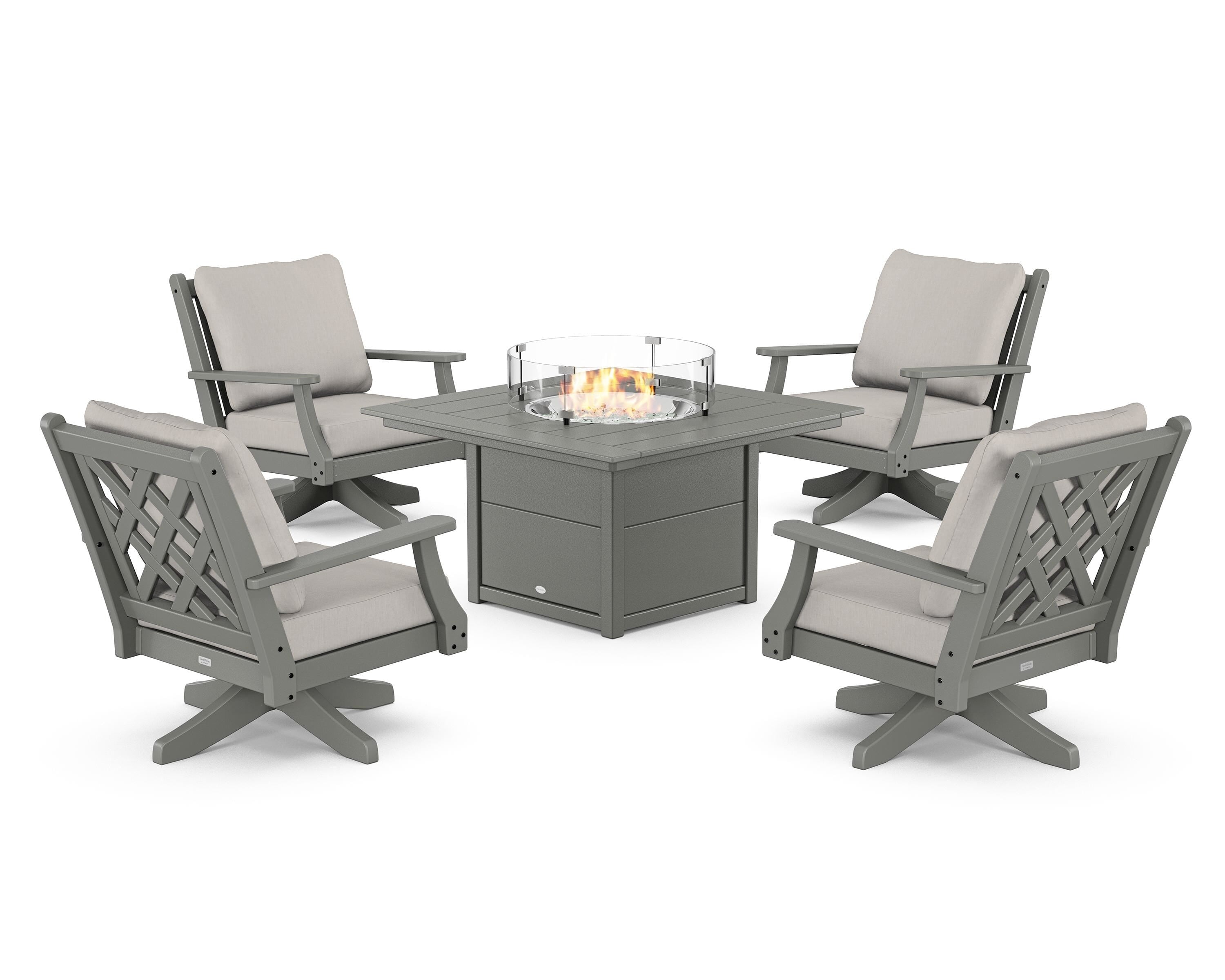 Country Living Wovendale 5-Piece Deep Seating Swivel Conversation Set with Fire Pit Table in Slate Grey / Cast Ash