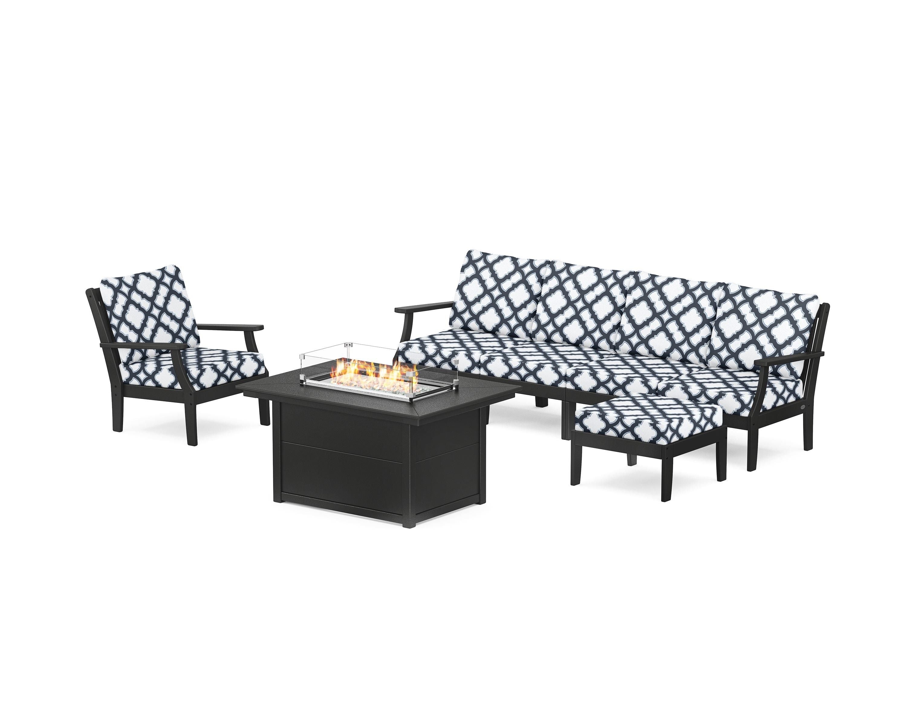 POLYWOOD® Braxton Sectional Lounge and Fire Pit Set in Black / Trellis Marine Indigo