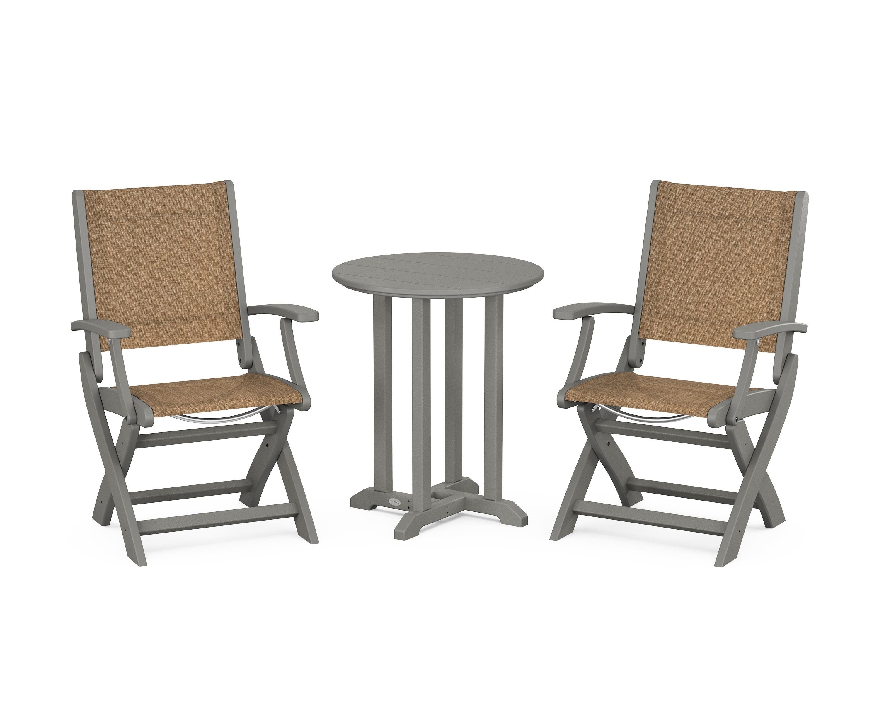 POLYWOOD® Coastal Folding 3-Piece Round Bistro Dining Set in Slate Grey / Burlap Sling