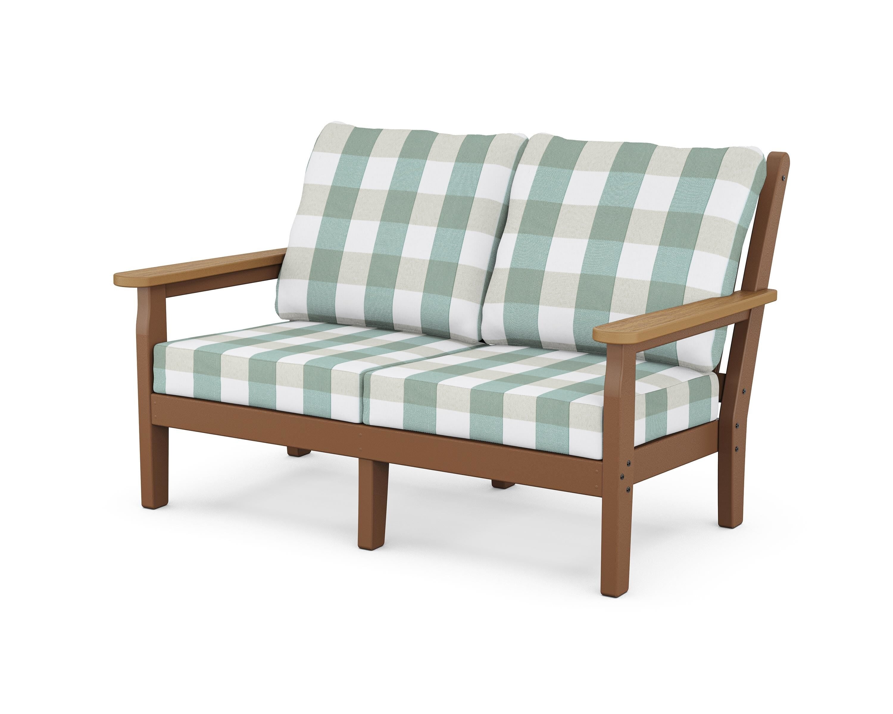 POLYWOOD® Chippendale Deep Seating Loveseat in Teak / Natural / Buffalo Plaid Glacier Spa