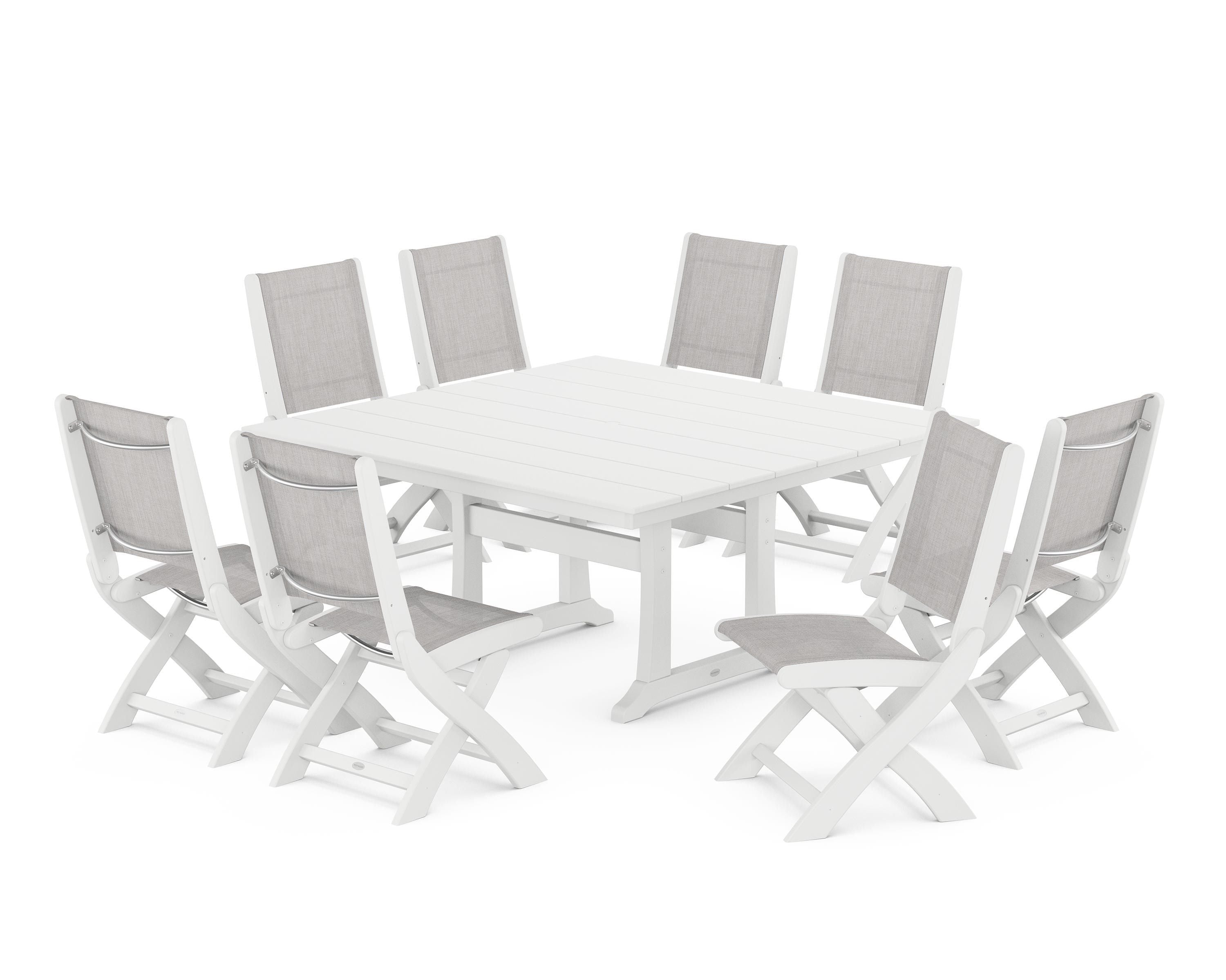 POLYWOOD® Coastal Folding Side Chair 9-Piece Farmhouse Dining Set in White / Parchment Sling