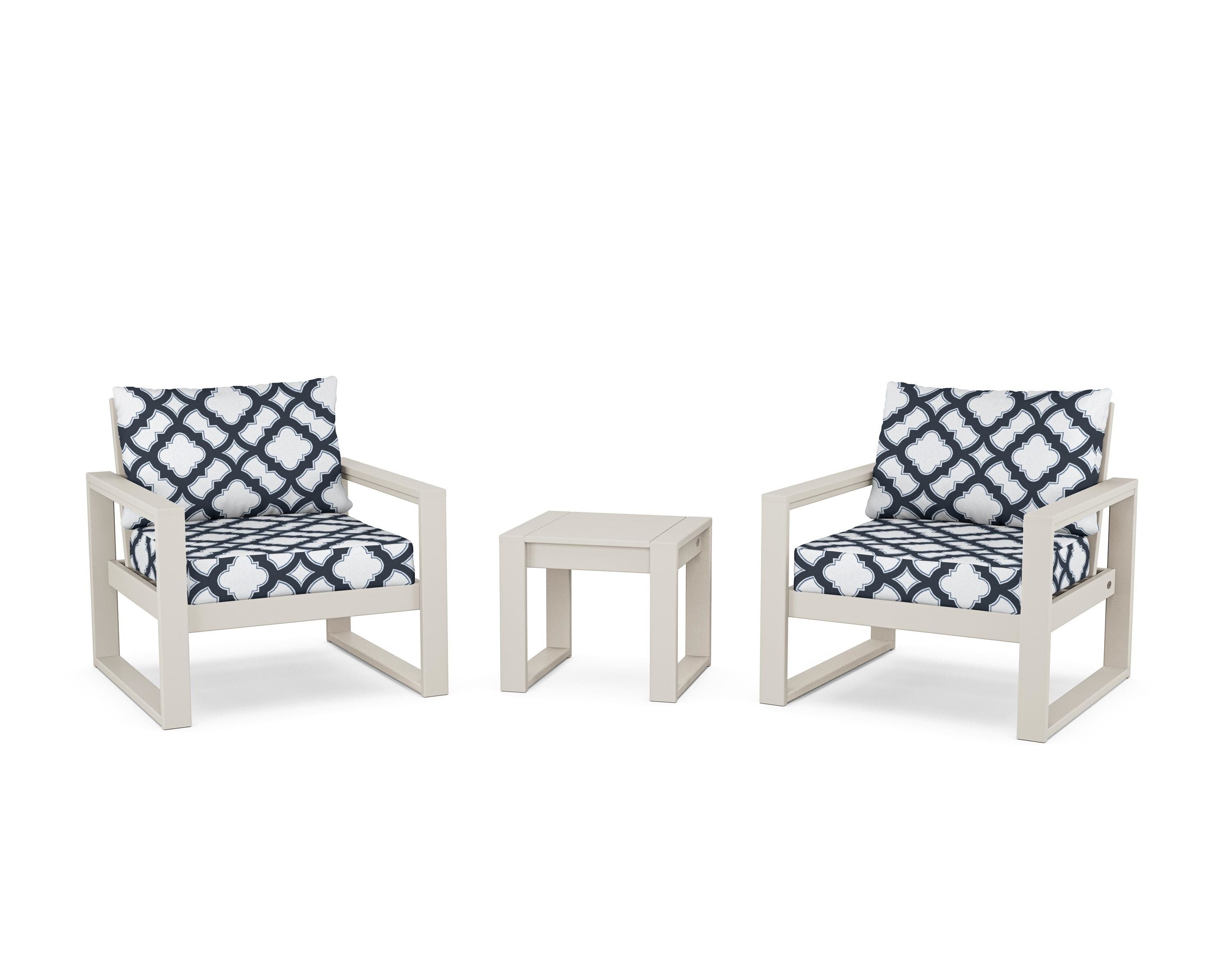 POLYWOOD® EDGE Sectional 3-Piece Deep Seating Set in Sand / Trellis Marine Indigo