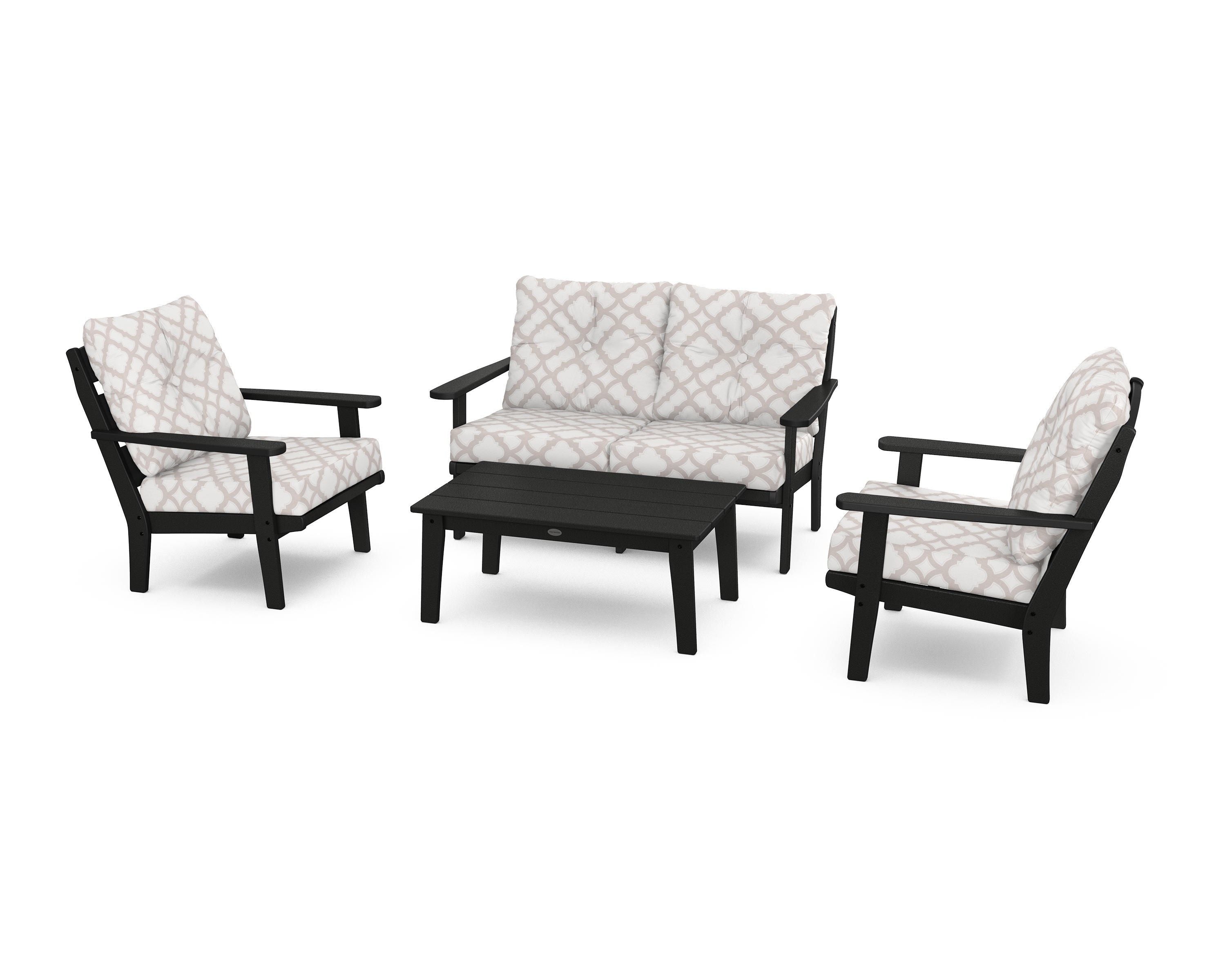 POLYWOOD® Lakeside 4-Piece Deep Seating Set in Black / Trellis Dune Burlap