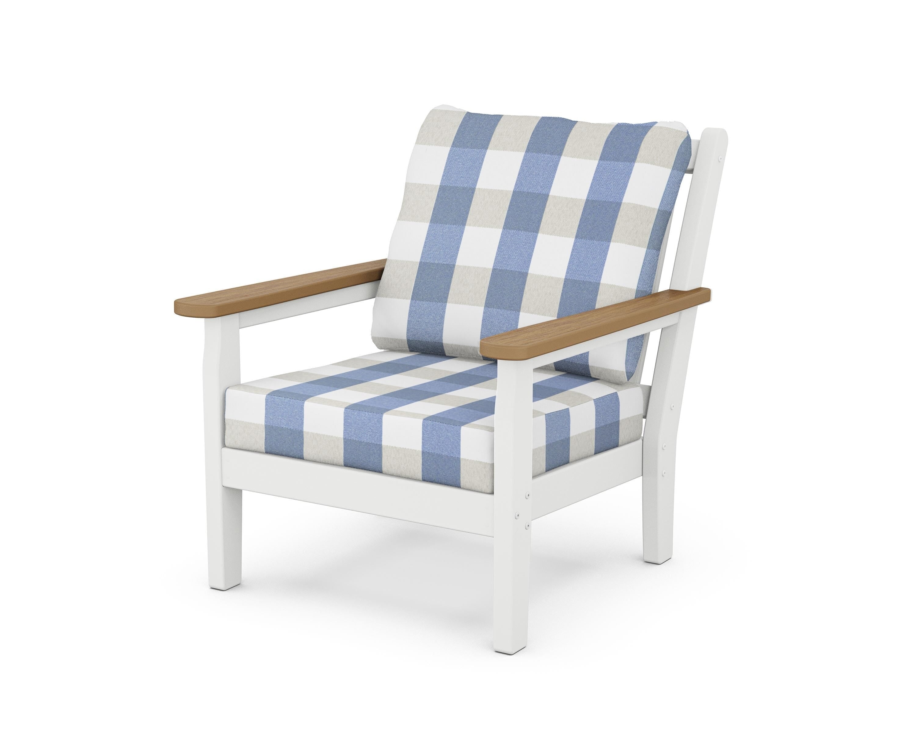 POLYWOOD® Chippendale Deep Seating Chair in White / Natural / Buffalo Plaid Sky Blue