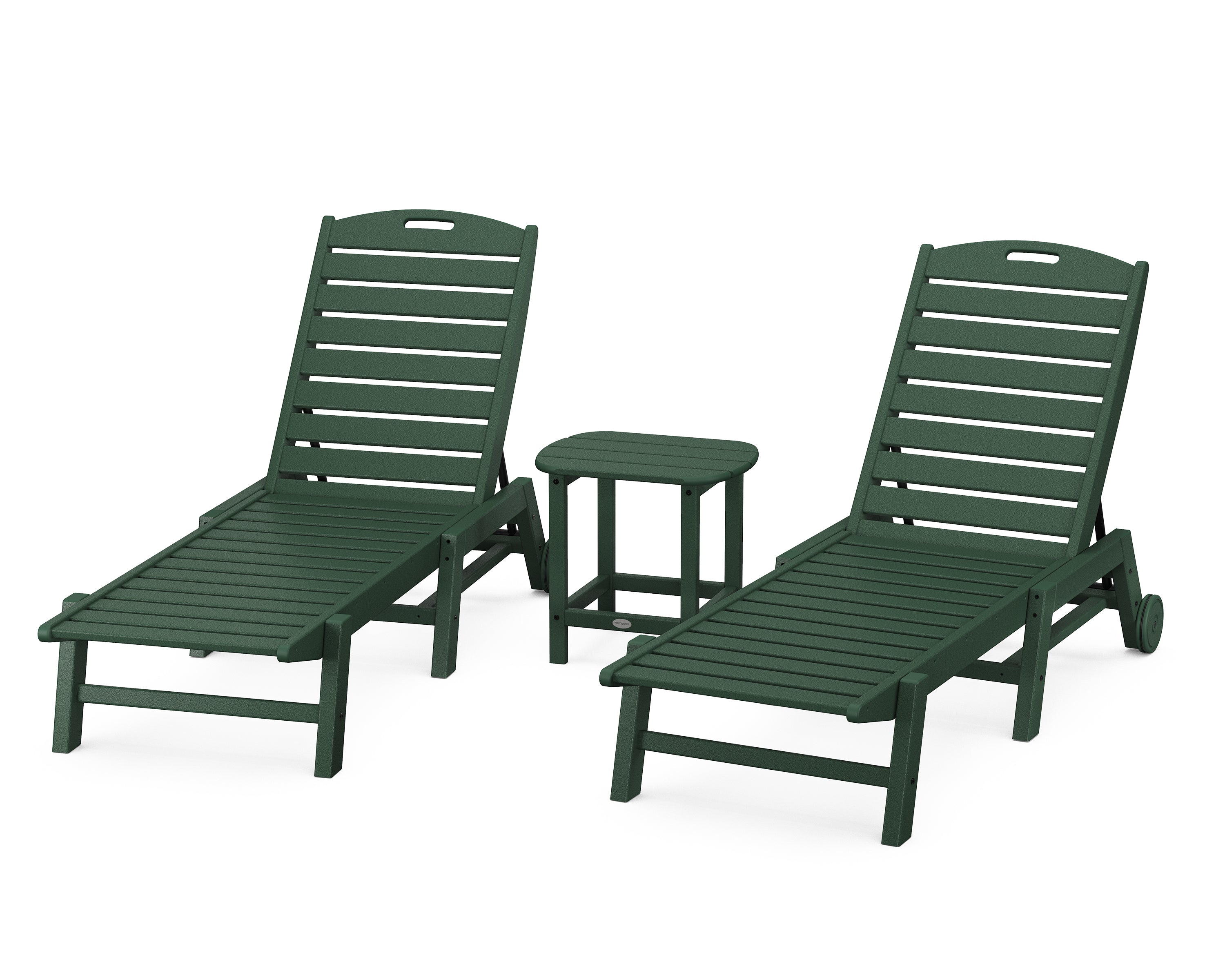 POLYWOOD® Nautical 3-Piece Chaise Lounge with Wheels Set with South Beach 18" Side Table in Green