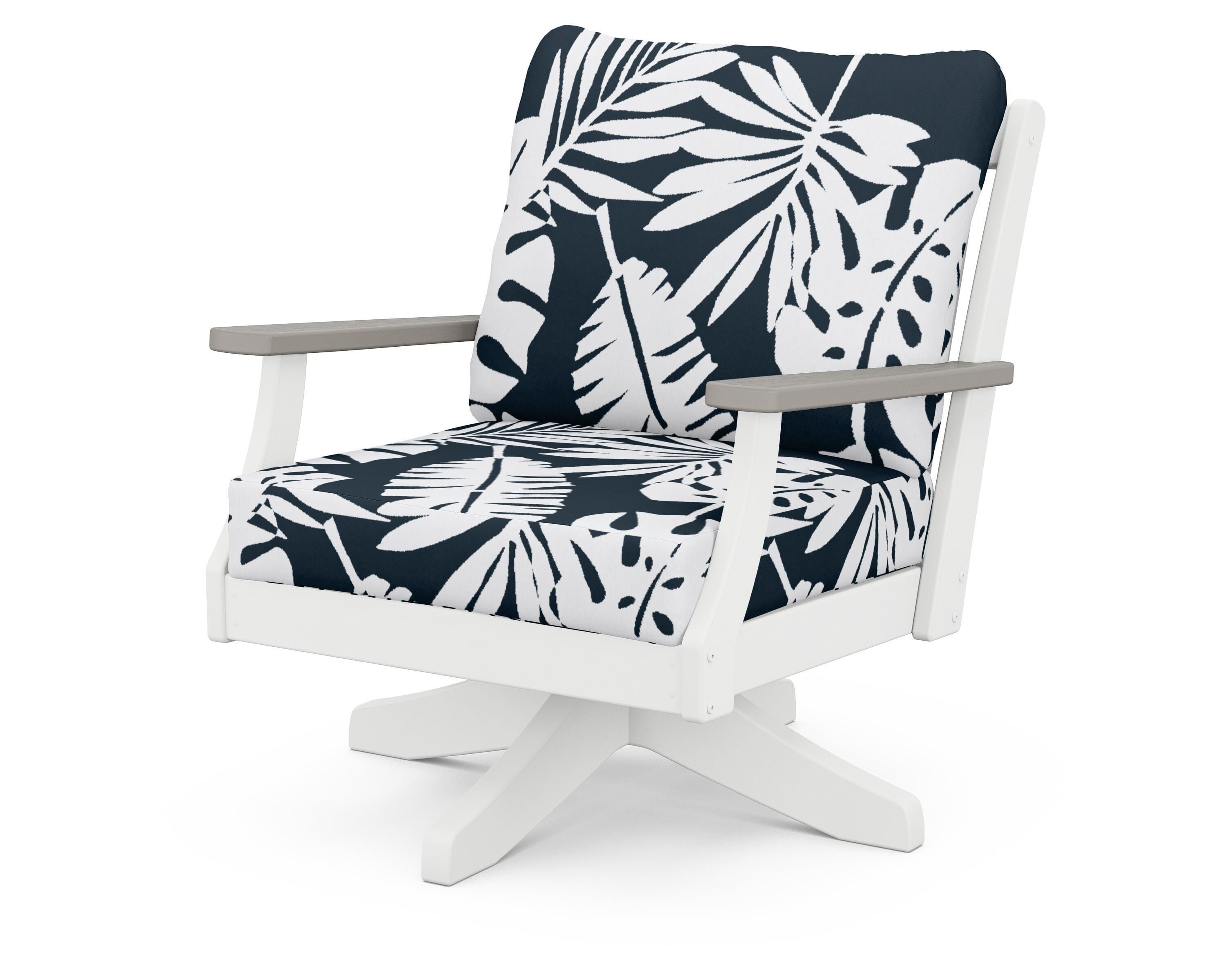 POLYWOOD® Braxton Deep Seating Swivel Chair in White / Driftwood / Leaf Marine Indigo