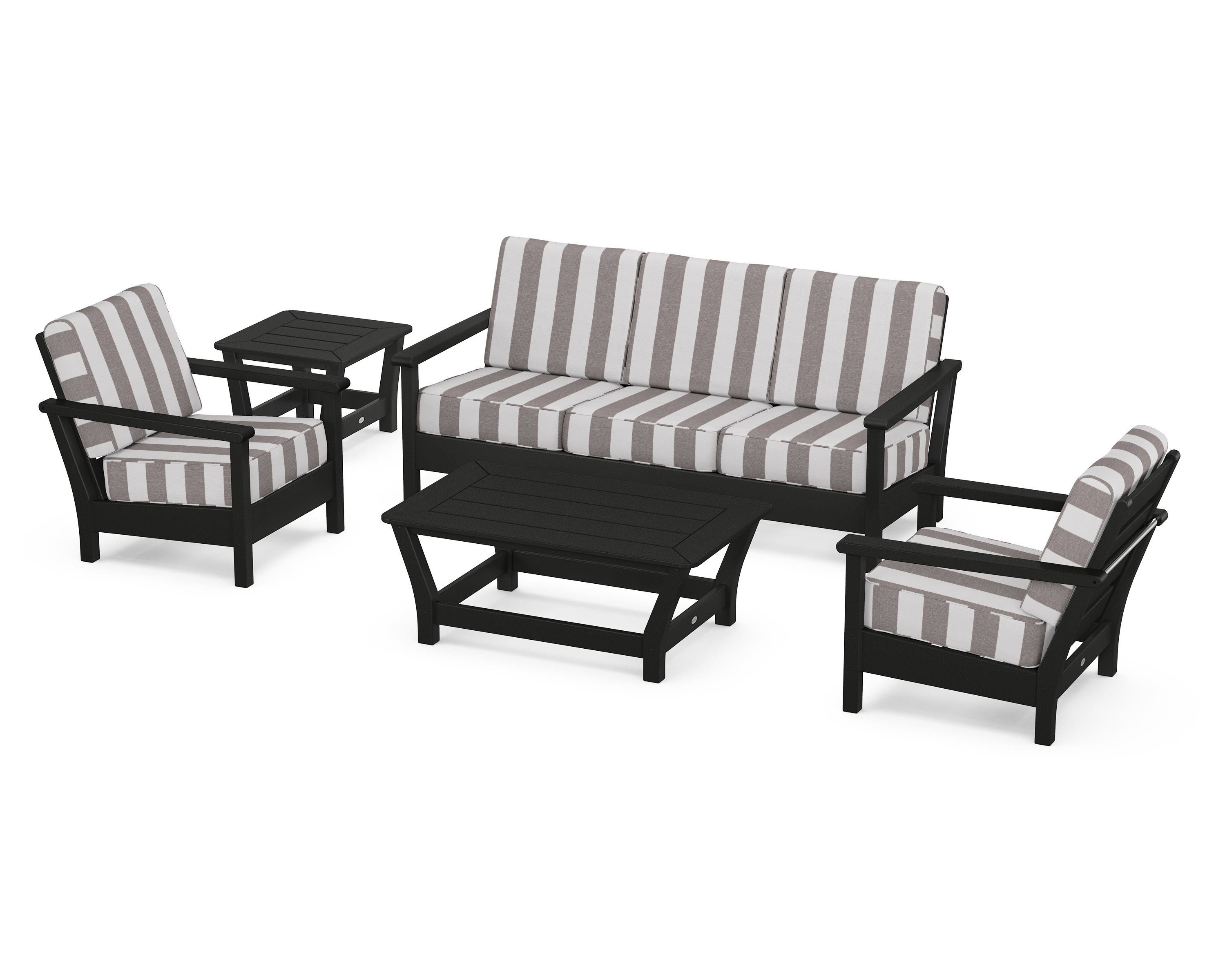 POLYWOOD® Harbour 5-Piece Deep Seating Set in Black / Cabana Stripe Grey Mist