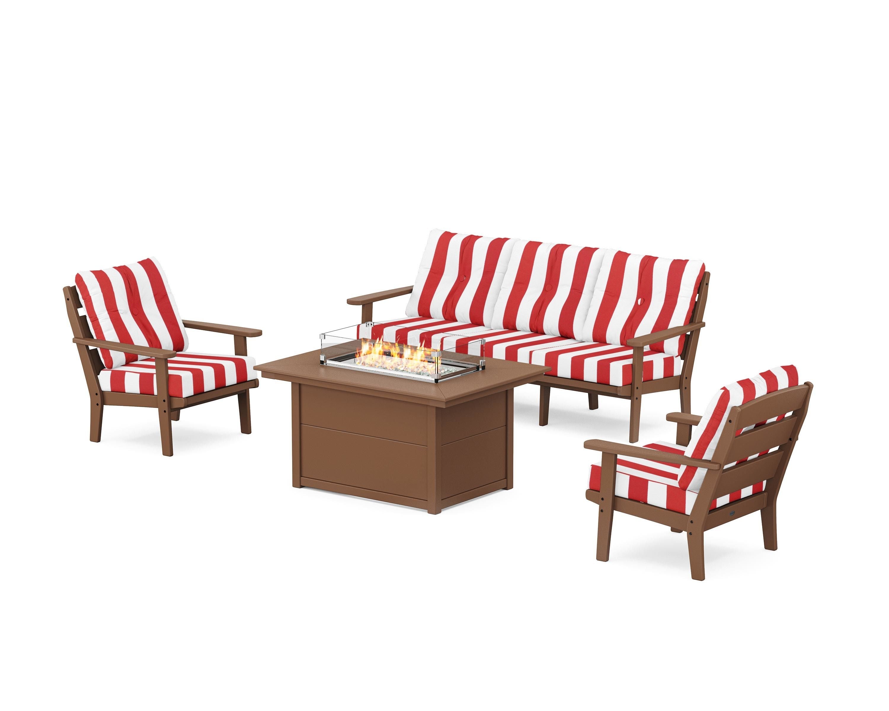 POLYWOOD® Lakeside Deep Seating Fire Pit Table Set in Teak / Cabana Stripe Crimson