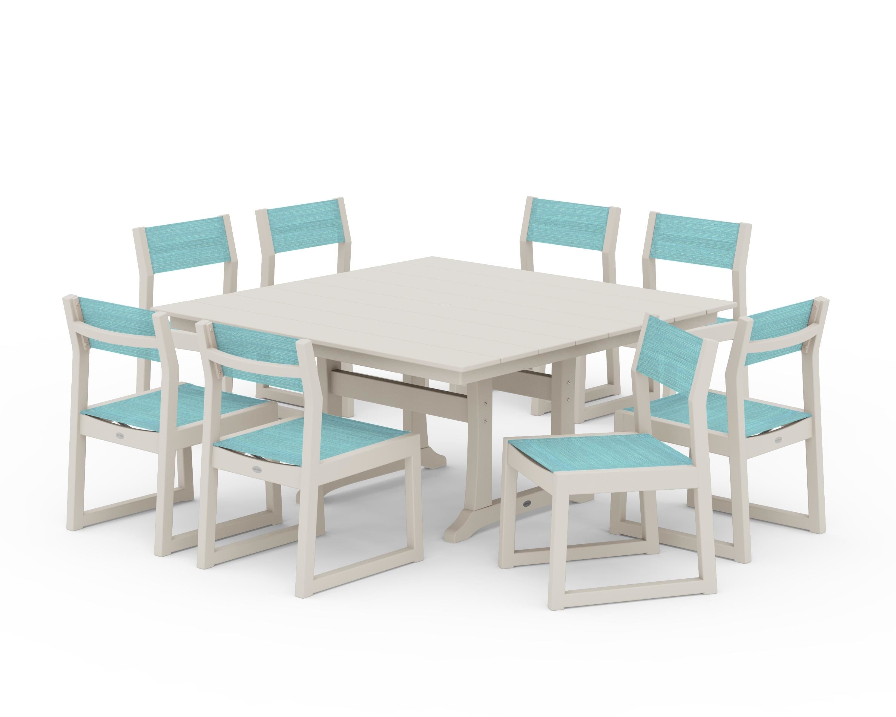 POLYWOOD® EDGE Sling Side Chair 9-Piece Farmhouse Trestle Dining Set in Sand / Dupioni Aquamarine Sling