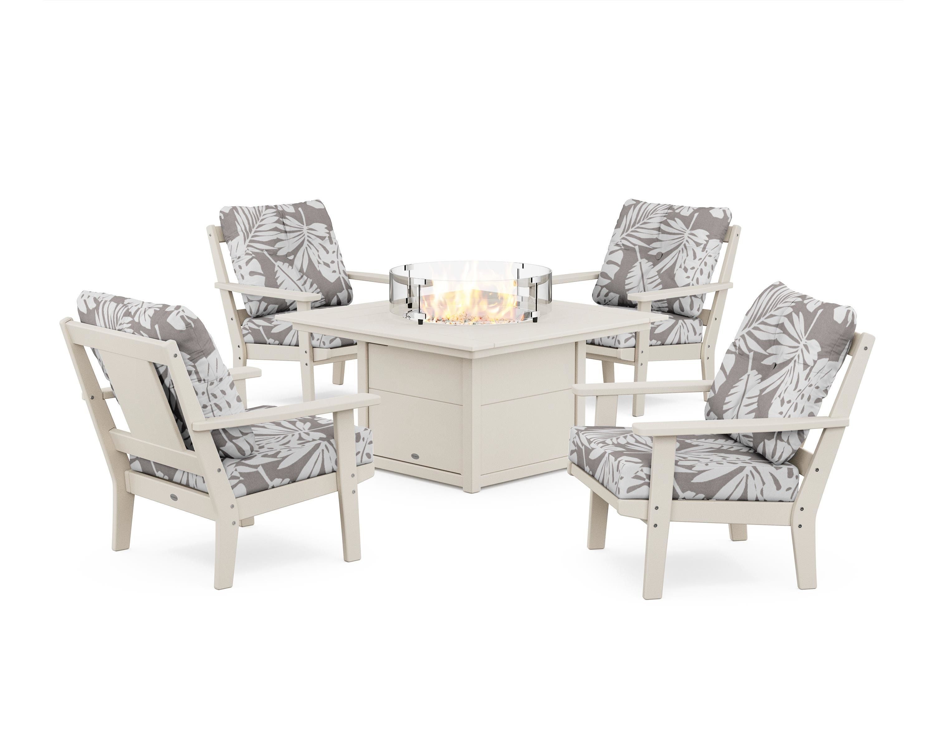POLYWOOD® Prairie 5-Piece Deep Seating Set with Fire Pit Table in Sand / Leaf Grey Mist