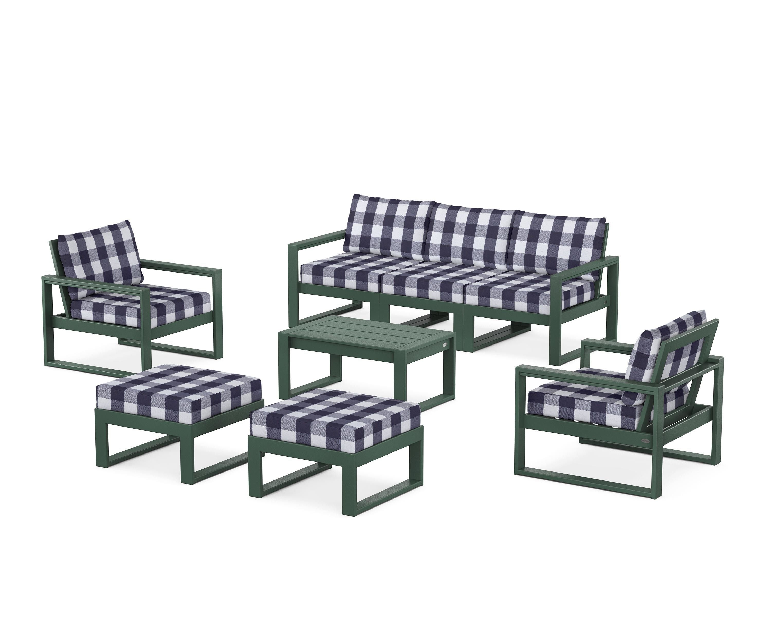 POLYWOOD® EDGE Sectional 8-Piece Lounge Sofa Set in Green / Buffalo Plaid Navy