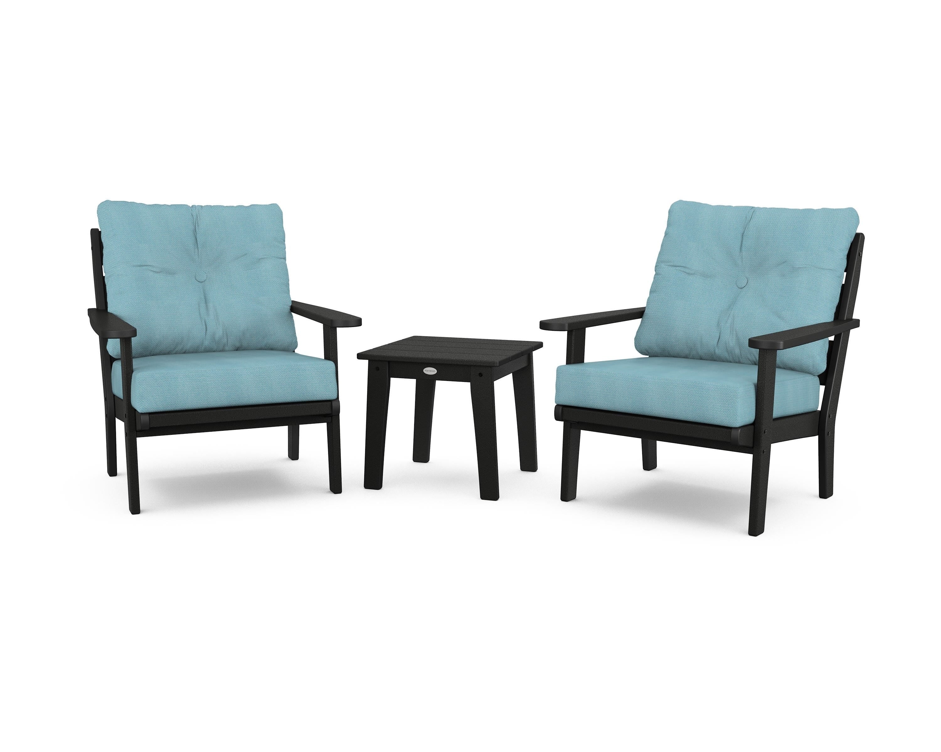 POLYWOOD® Lakeside 3-Piece Deep Seating Chair Set in Black / Lattice Sky Blue