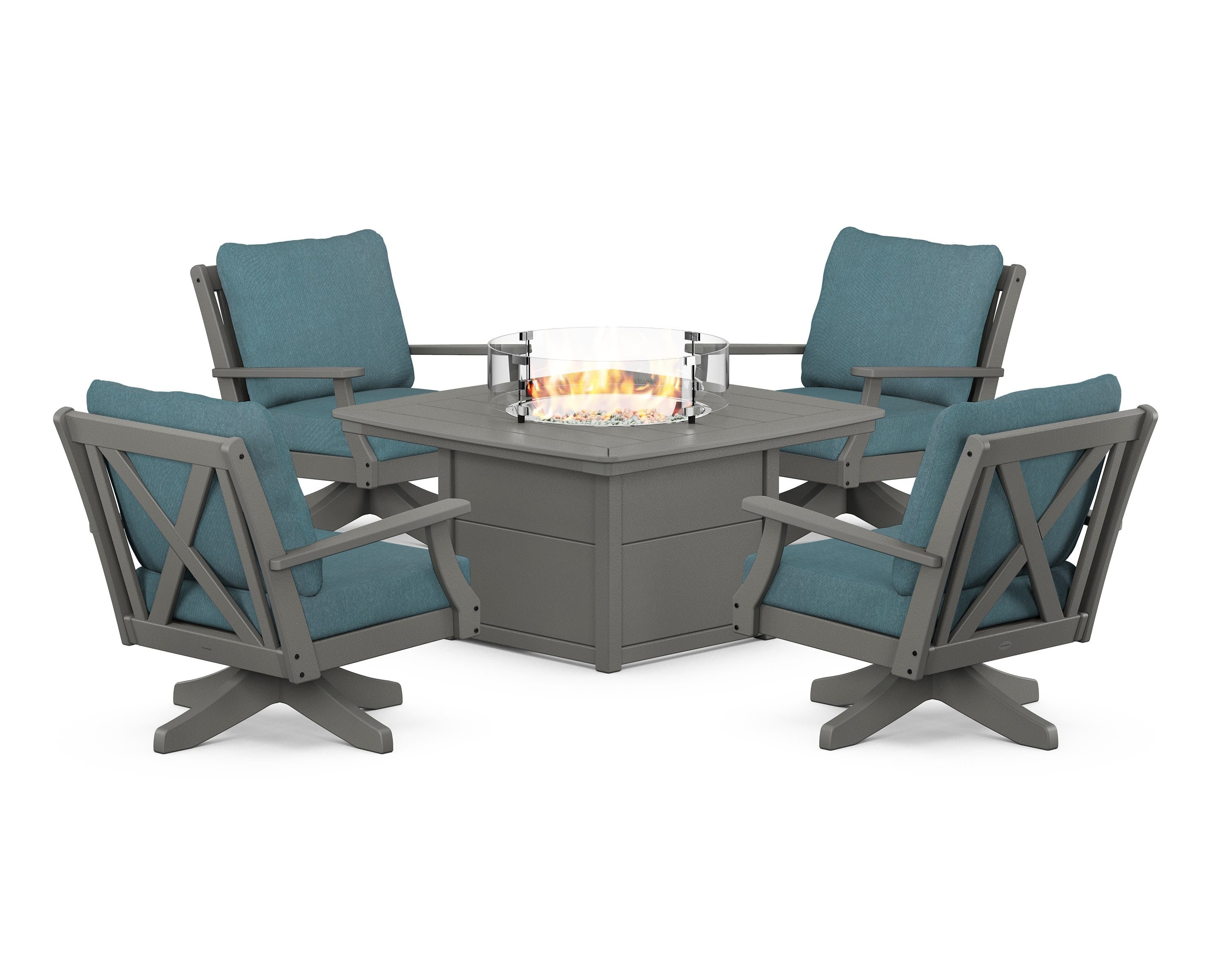 POLYWOOD® Braxton 5-Piece Deep Seating Swivel Conversation Set with Fire Pit Table in Slate Grey / Ocean Teal