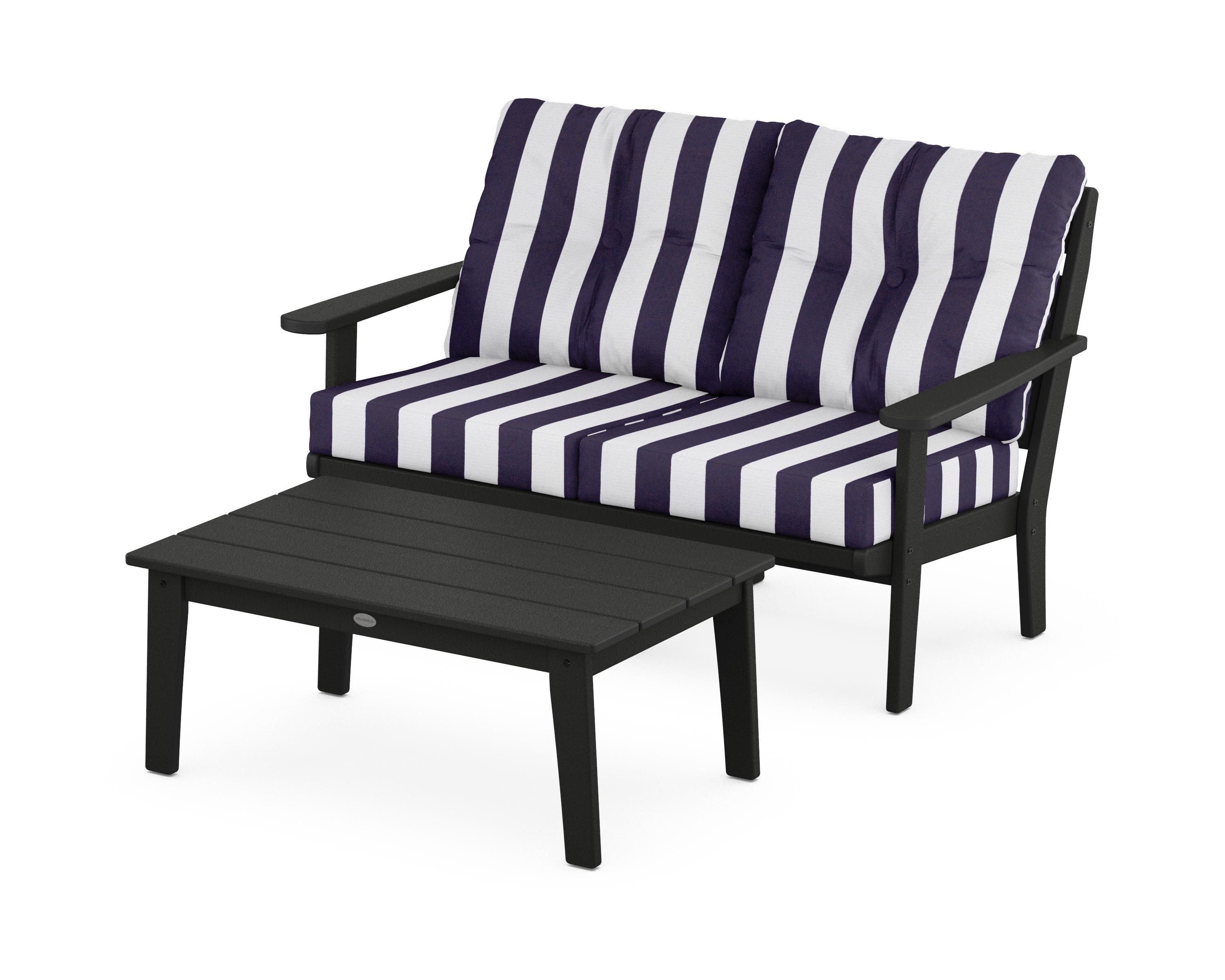 POLYWOOD® Lakeside 2-Piece Lounge Loveseat Set in Black / Cabana Stripe Navy