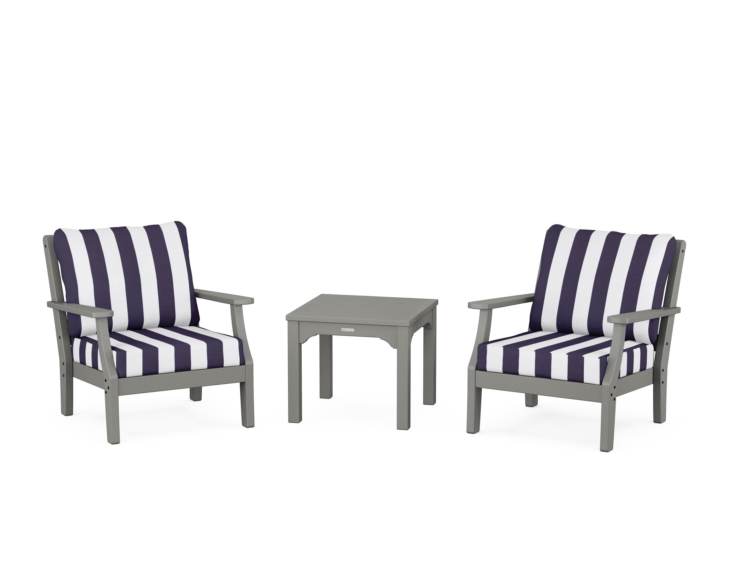 Martha Stewart by POLYWOOD® Chinoiserie 3-Piece Deep Seating Set in Slate Grey / Cabana Stripe Navy