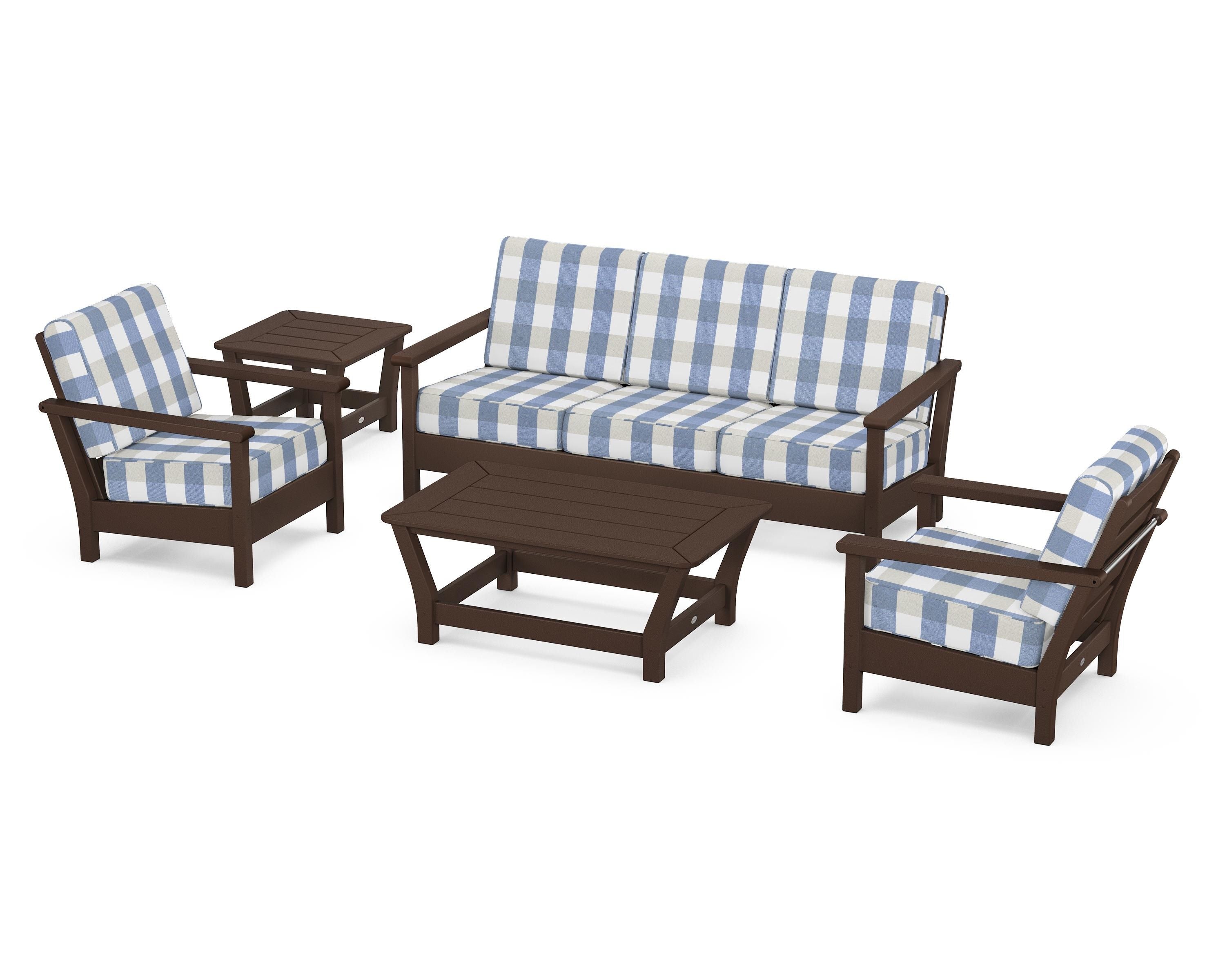 POLYWOOD® Harbour 5-Piece Deep Seating Set in Mahogany / Buffalo Plaid Sky Blue