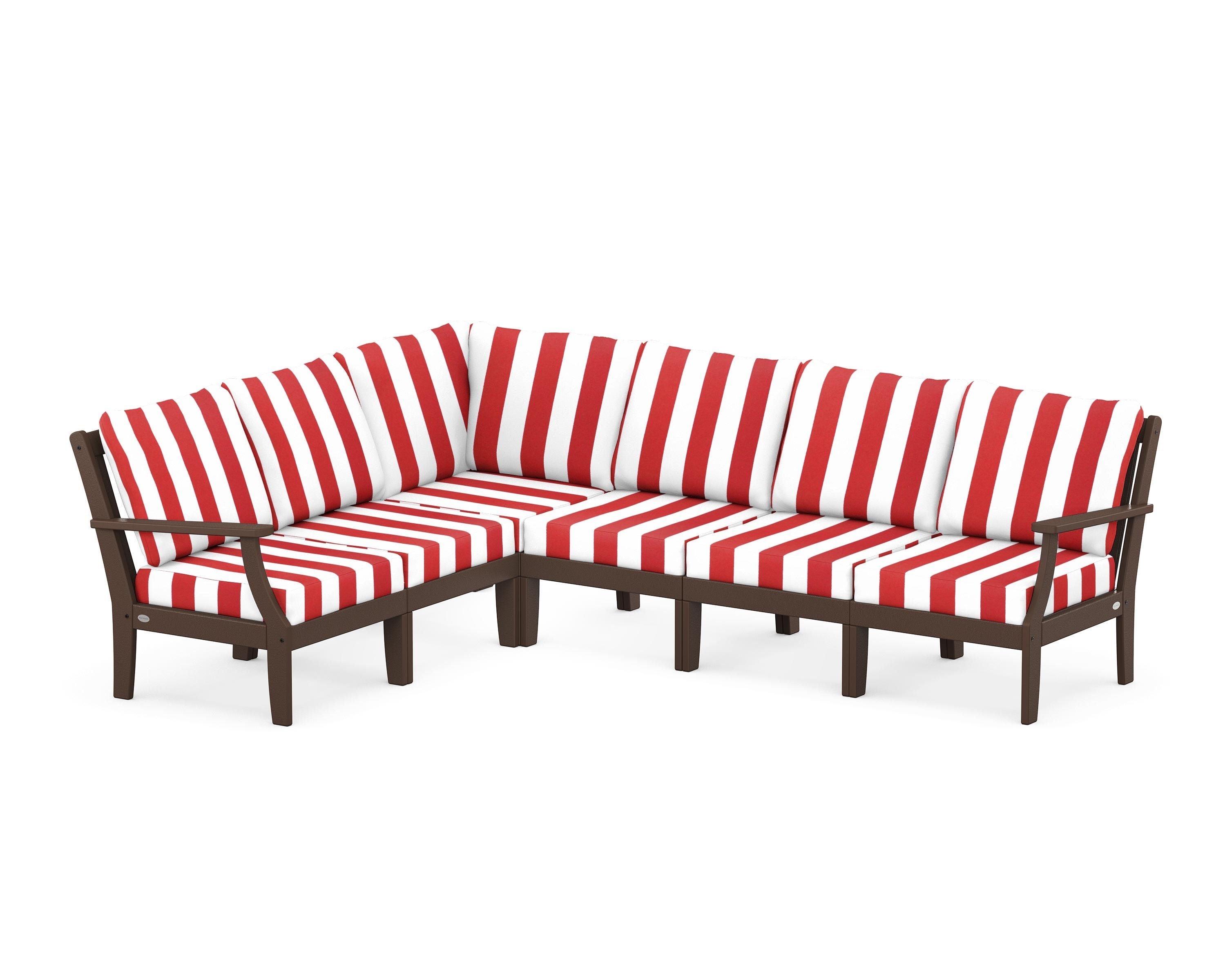 POLYWOOD® Braxton Modular 6-Piece Deep Seating Set in Mahogany / Cabana Stripe Crimson