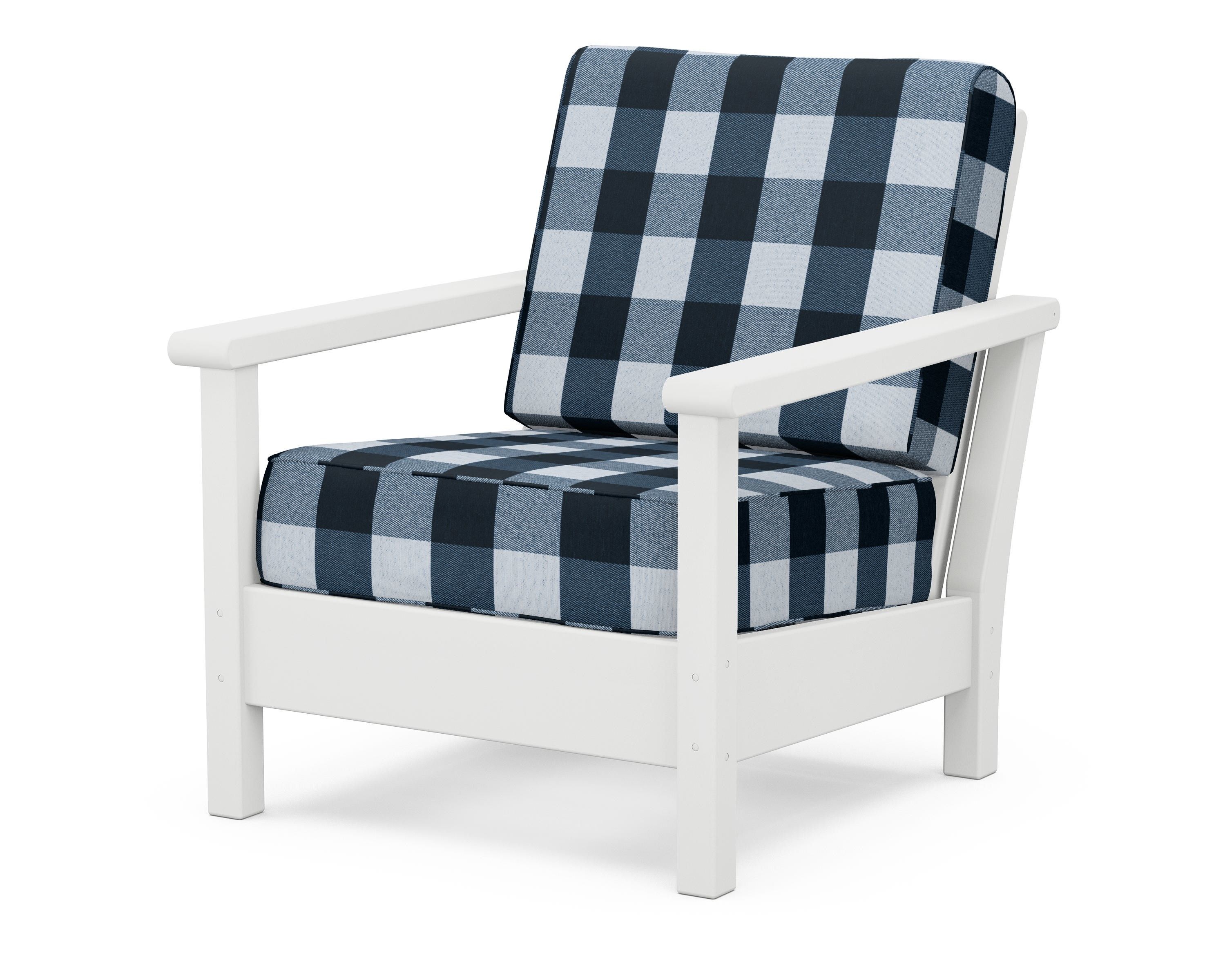 POLYWOOD® Harbour Deep Seating Chair in White / Buffalo Plaid Marine Indigo