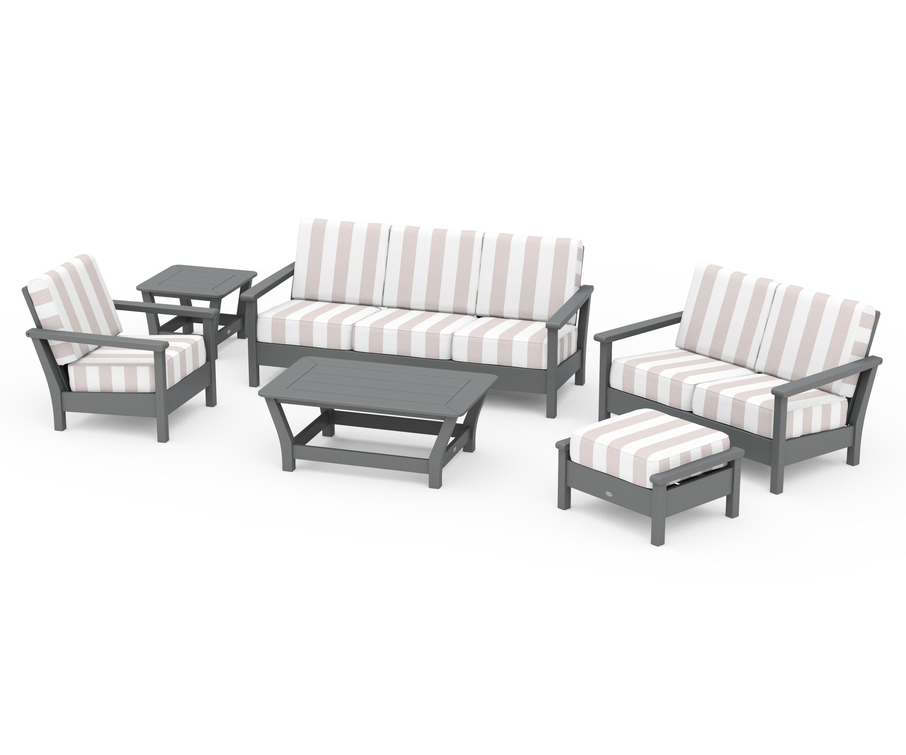 POLYWOOD® Harbour 6-Piece Outdoor Living Set in Slate Grey / Cabana Stripe Dune Burlap