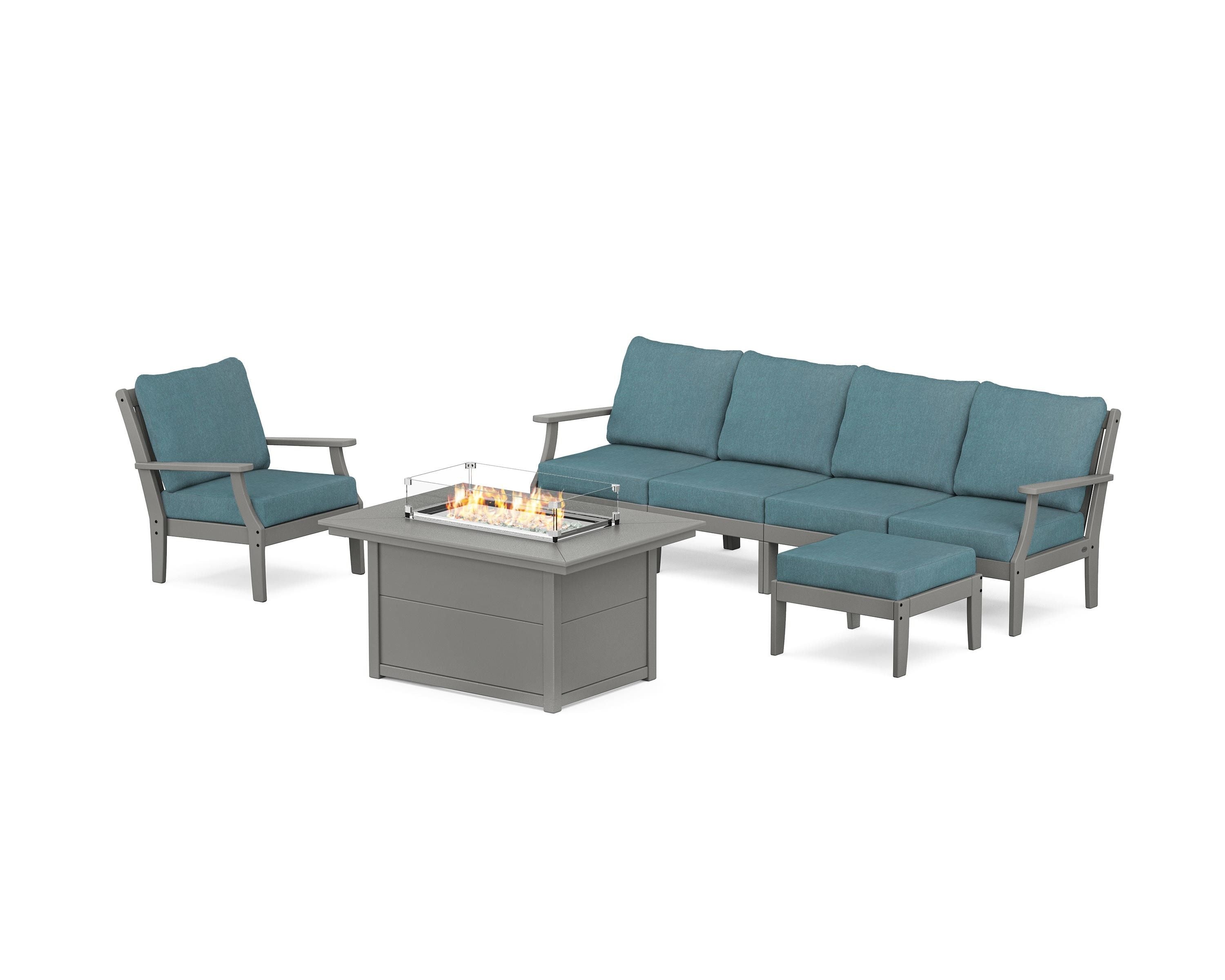 POLYWOOD® Braxton Sectional Lounge and Fire Pit Set in Slate Grey / Ocean Teal