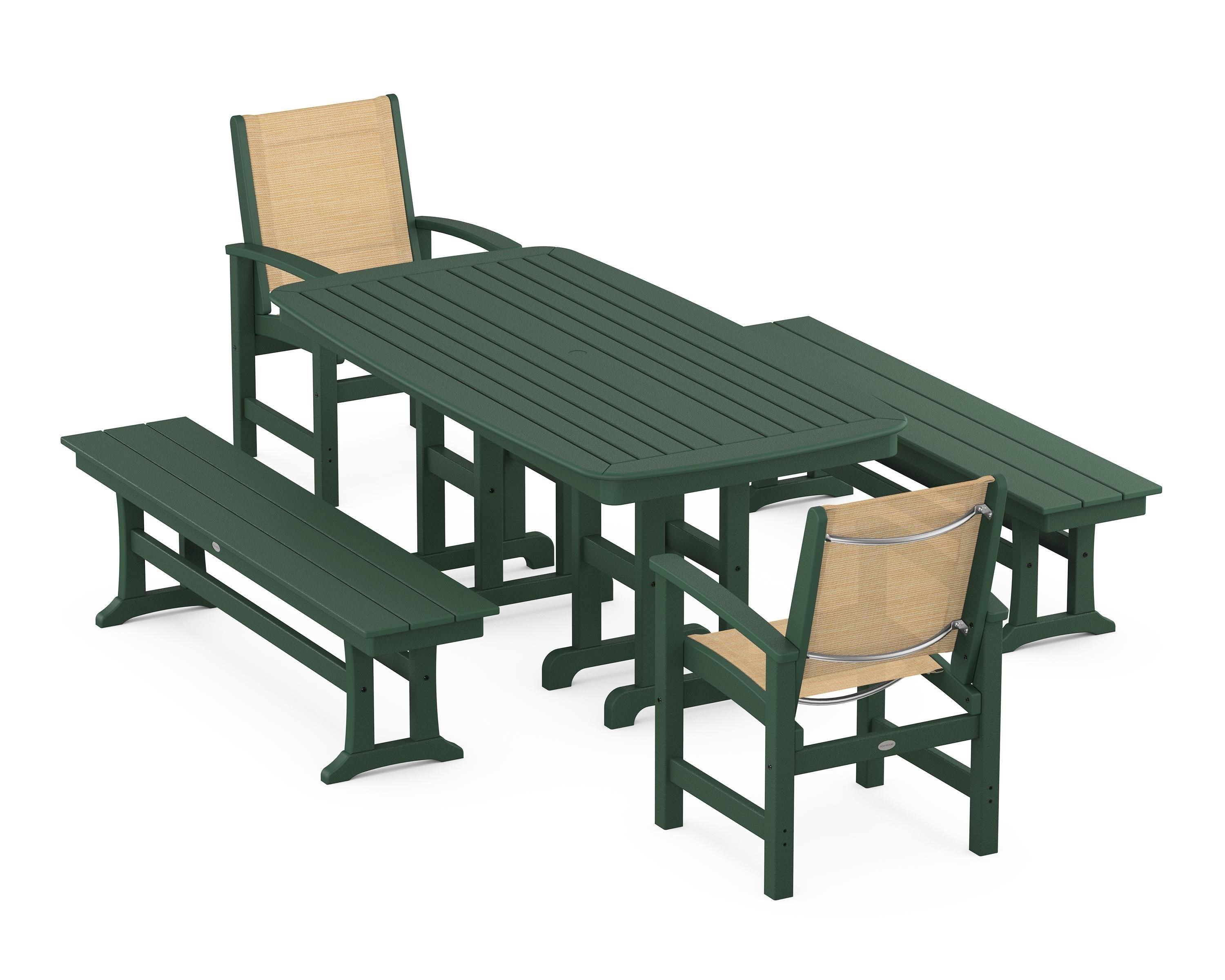 POLYWOOD® Coastal 5-Piece Dining Set in Green / Dupioni Apricot Sling