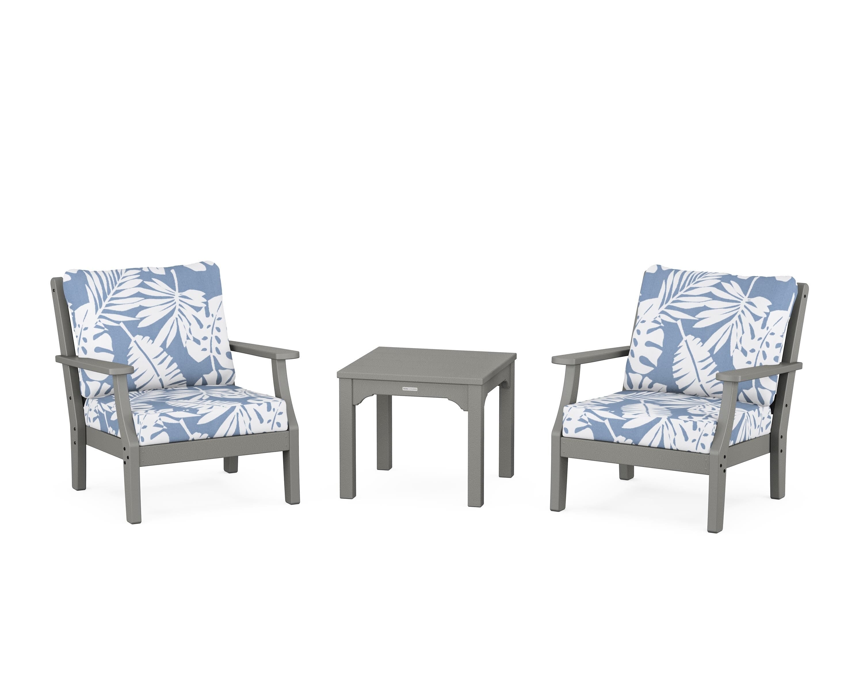 Martha Stewart by POLYWOOD® Chinoiserie 3-Piece Deep Seating Set in Slate Grey / Leaf Sky Blue